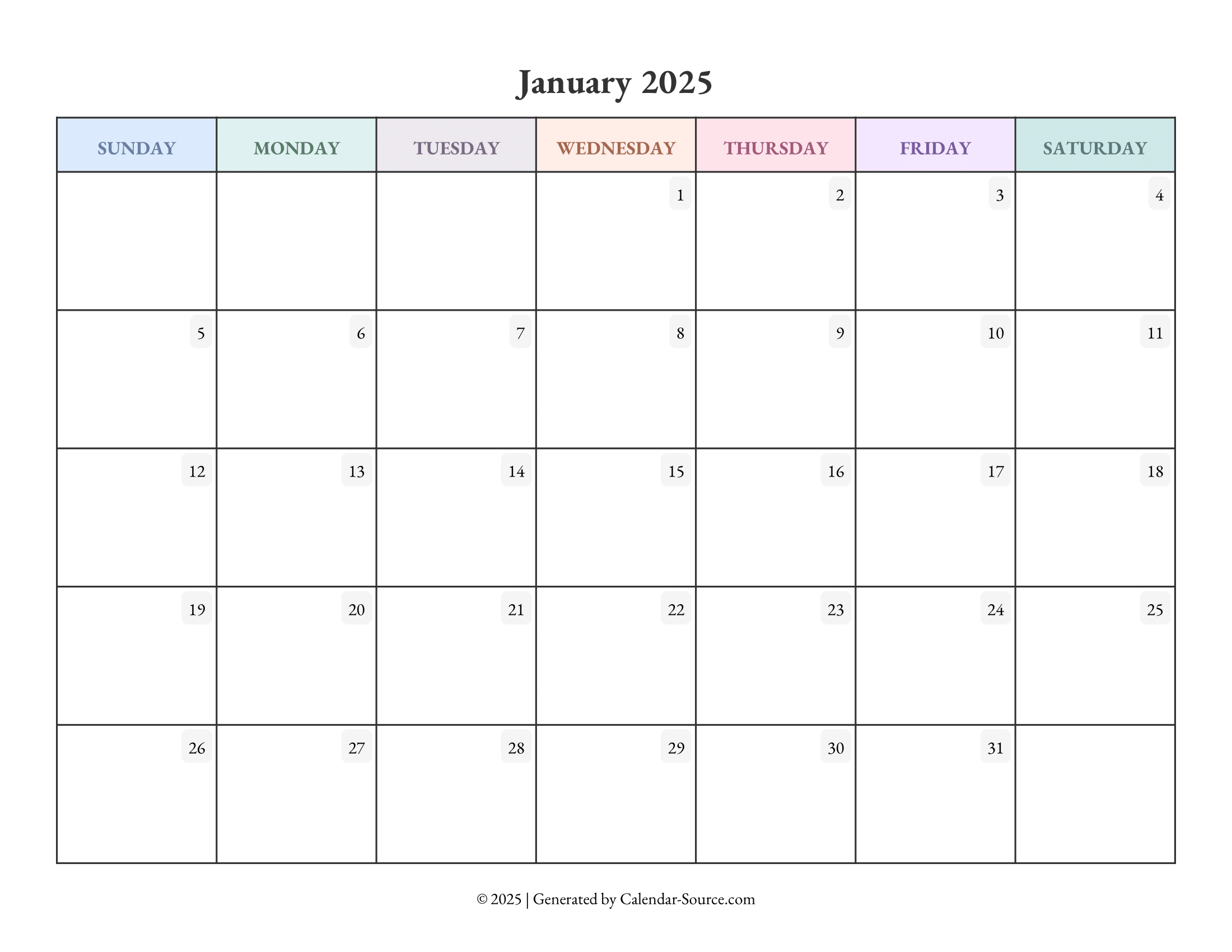 January 2025 Calendar Template 04