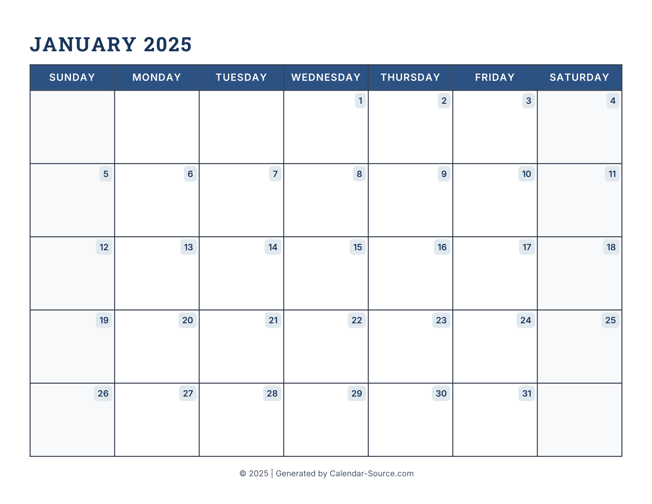 January 2025 Calendar Template 16