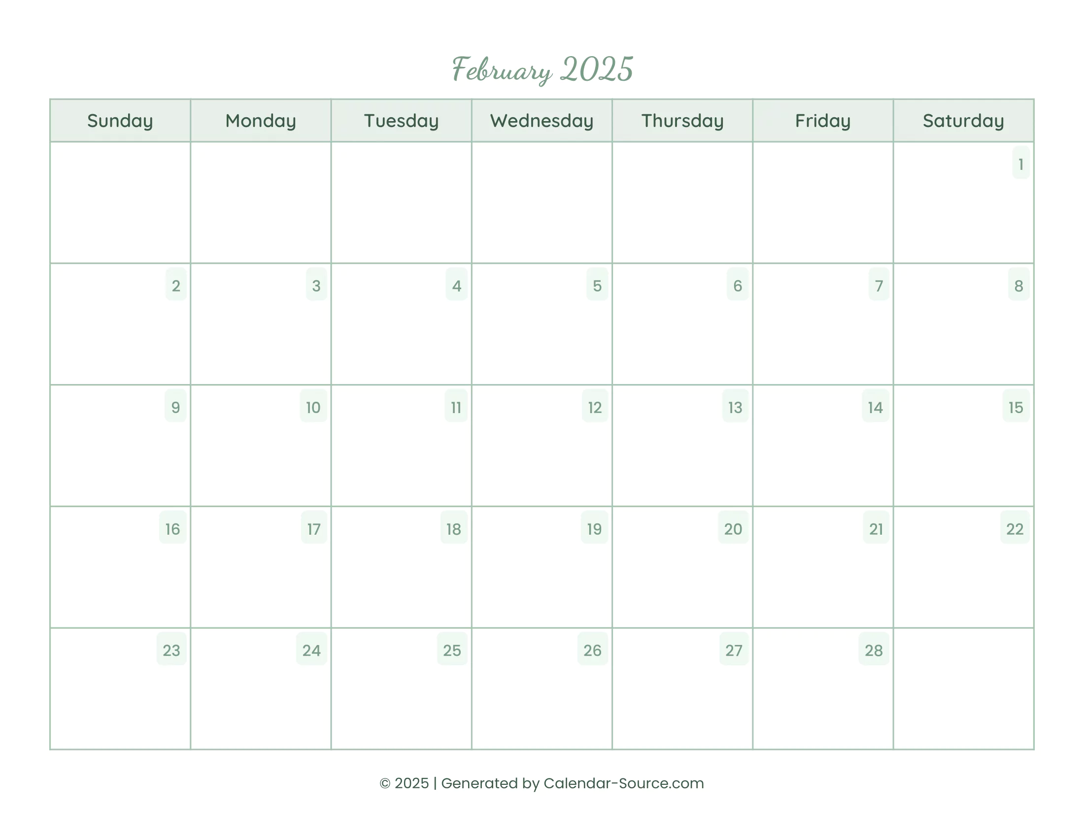 February 2025 Calendar Template 14