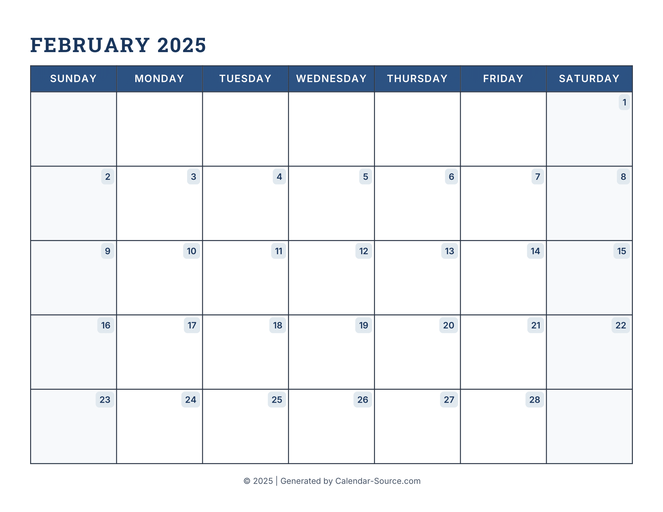 February 2025 Calendar Template 16