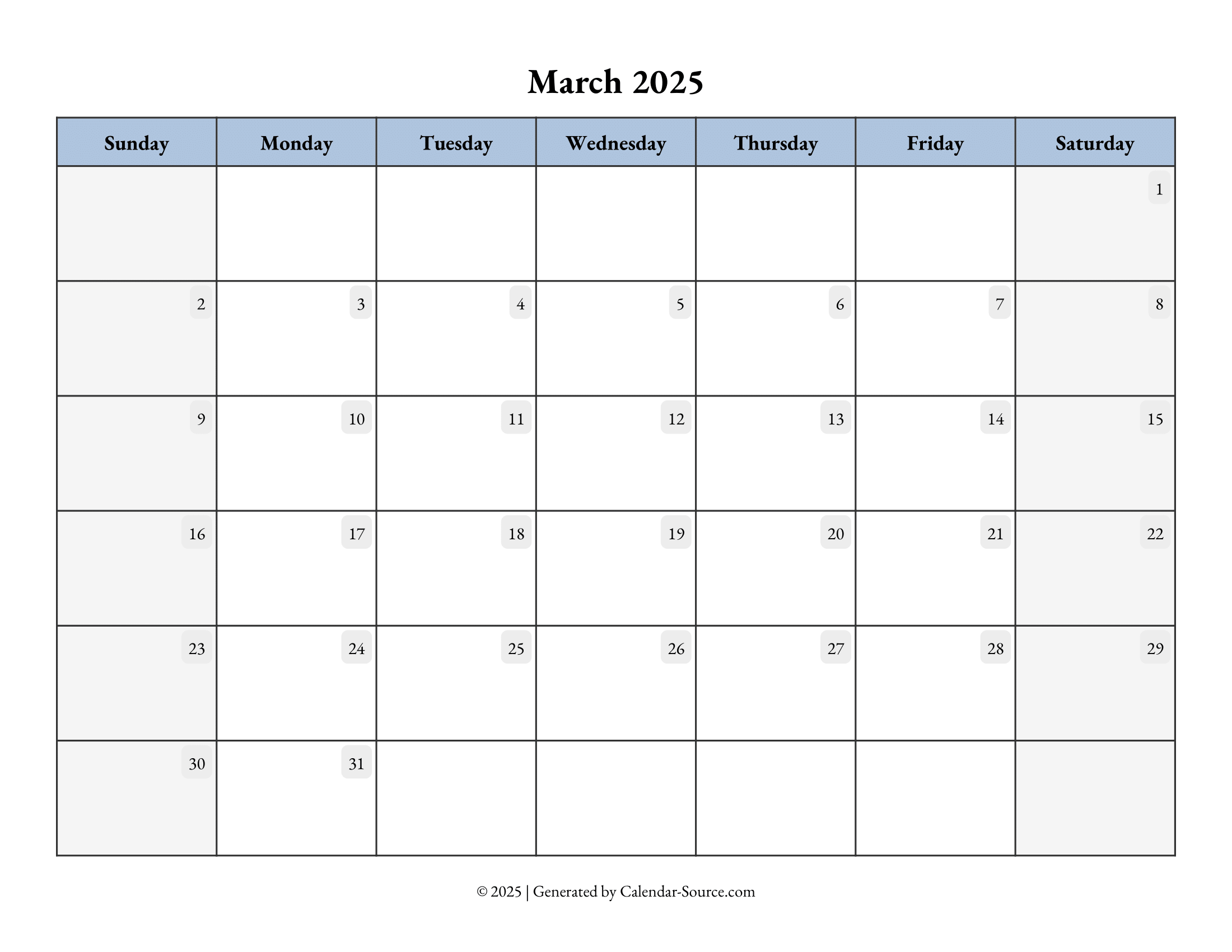 March 2025 Calendar Template 07