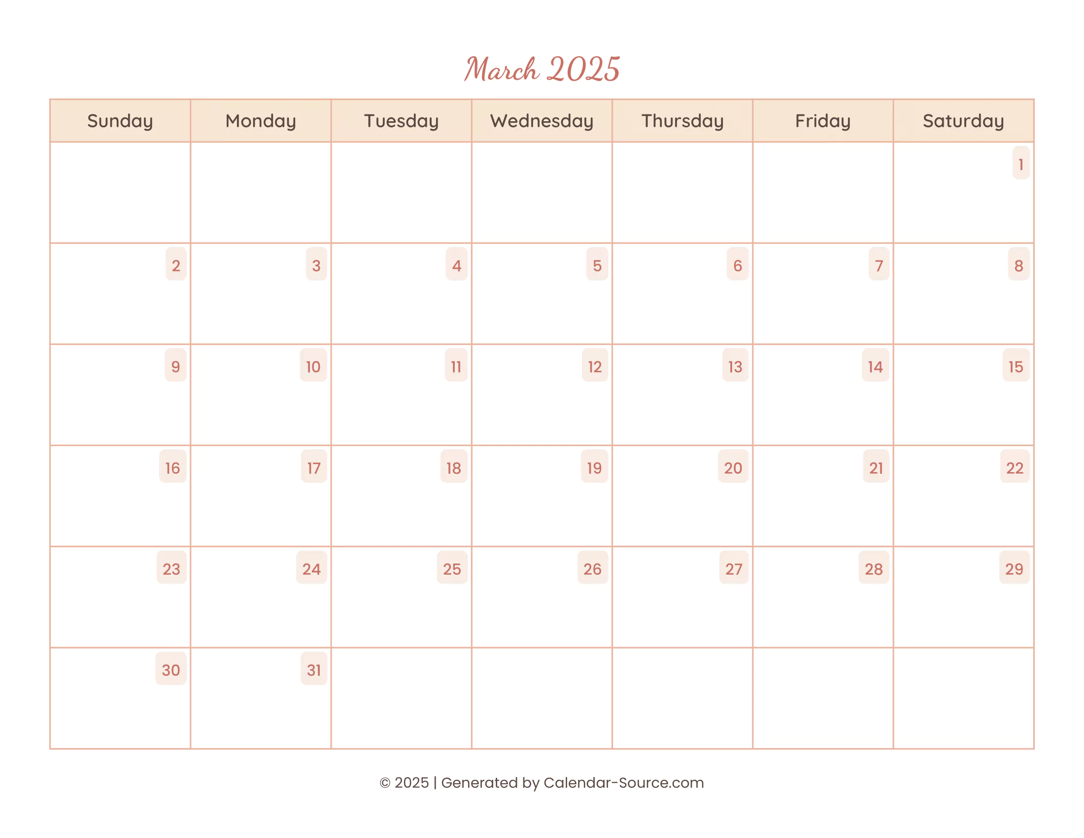 March 2025 Calendar Template 12