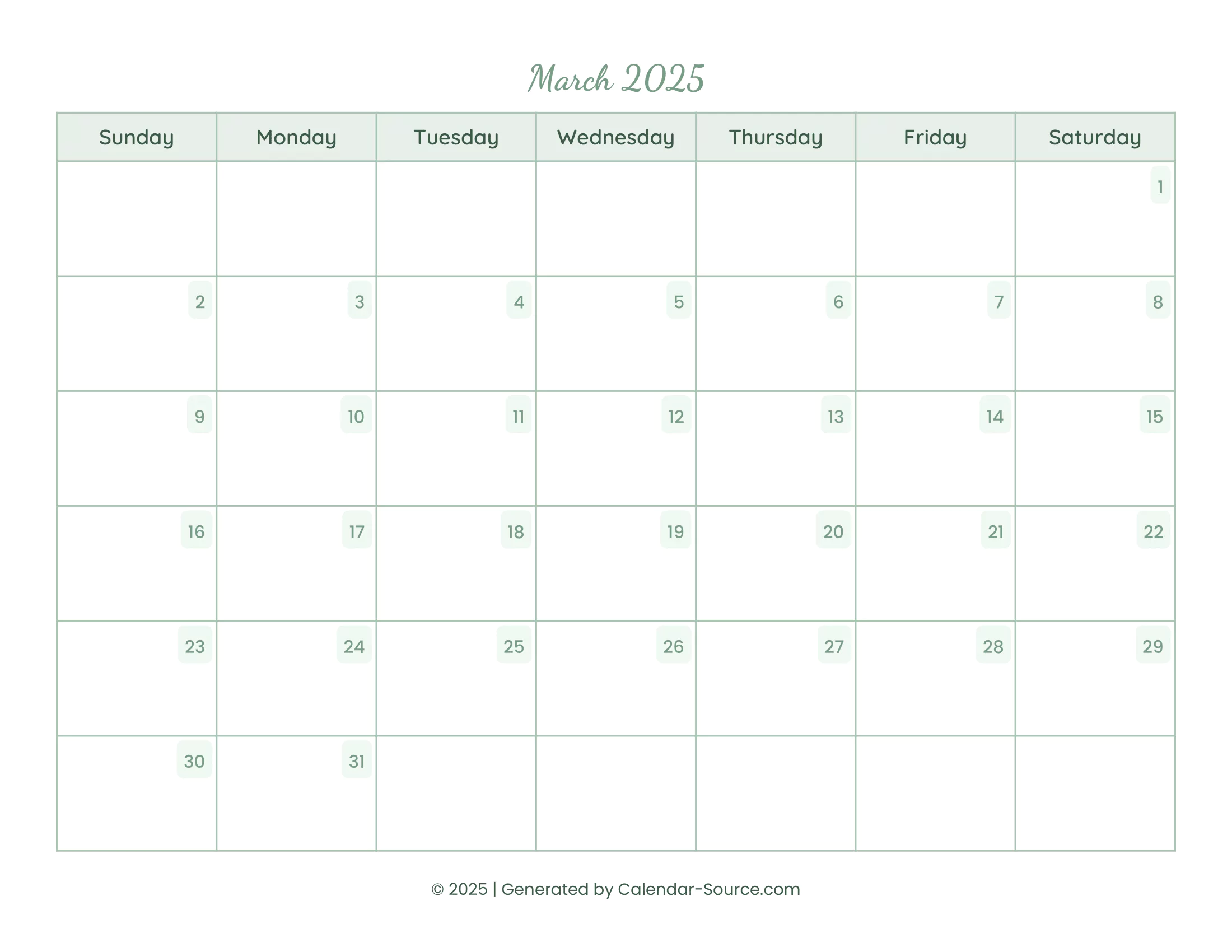 March 2025 Calendar Template 14