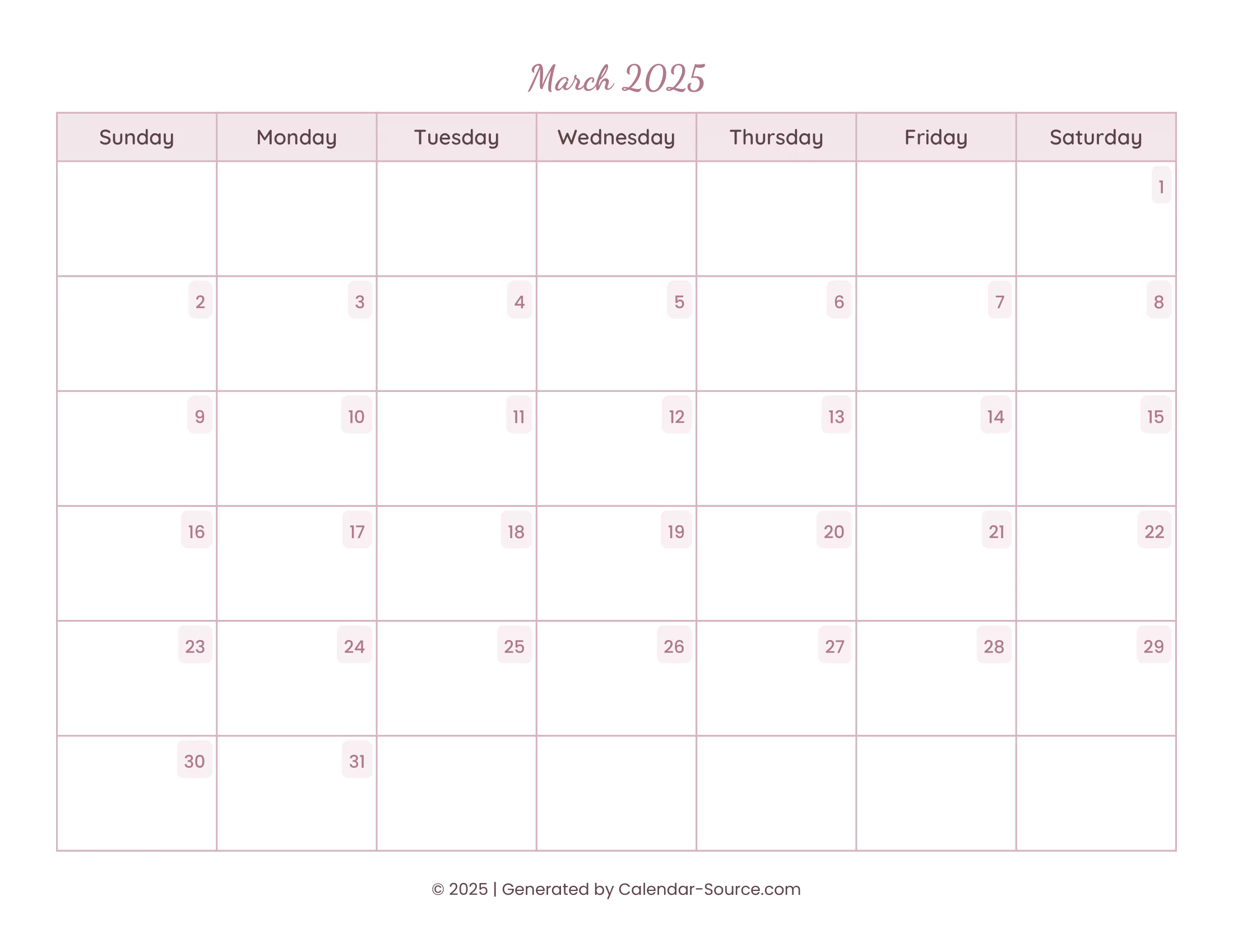 March 2025 Calendar Template 15