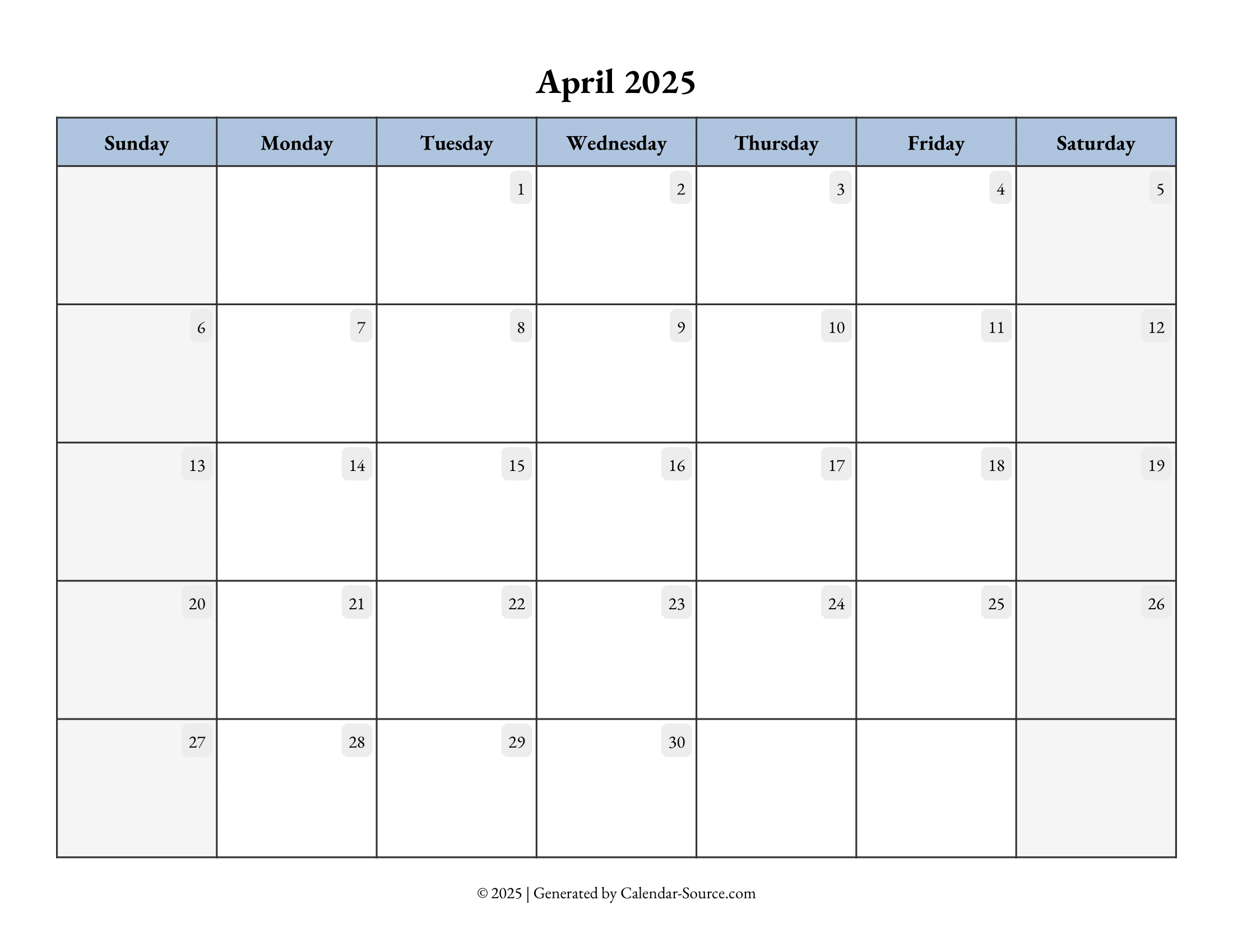 April 2025 Calendar Template 07