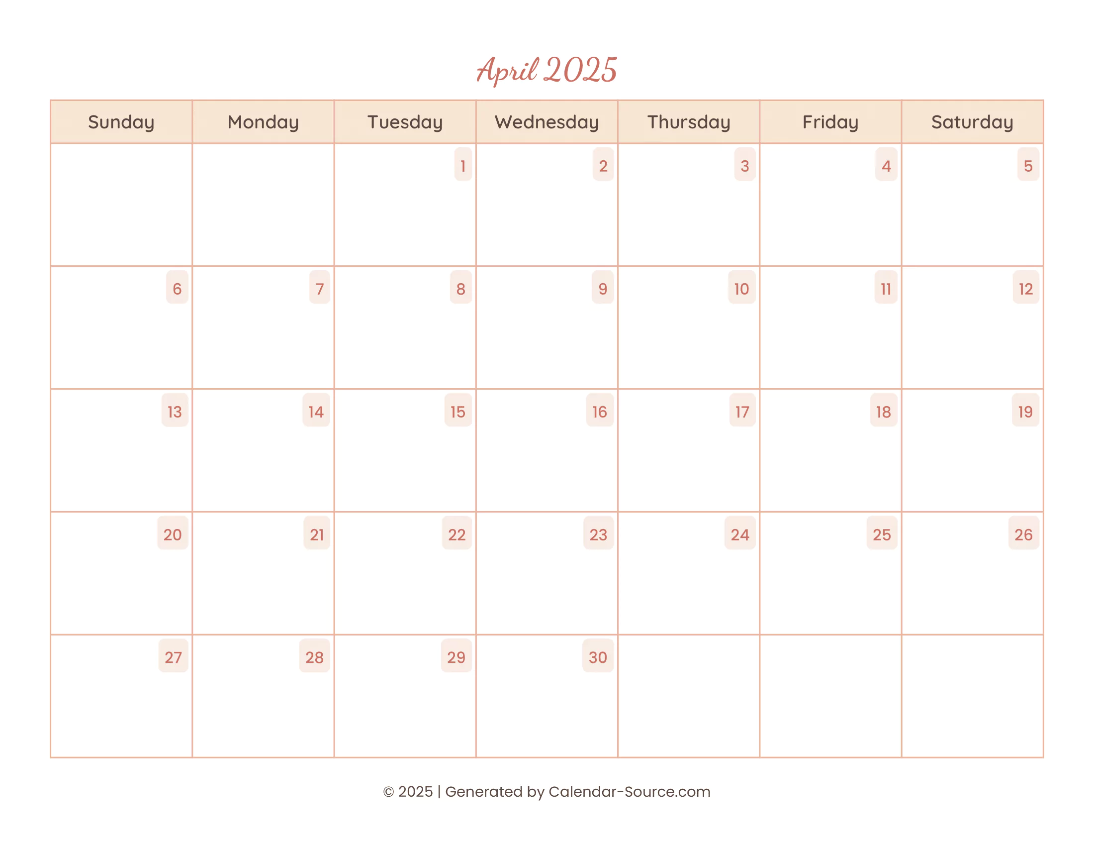 April 2025 Calendar Template 12