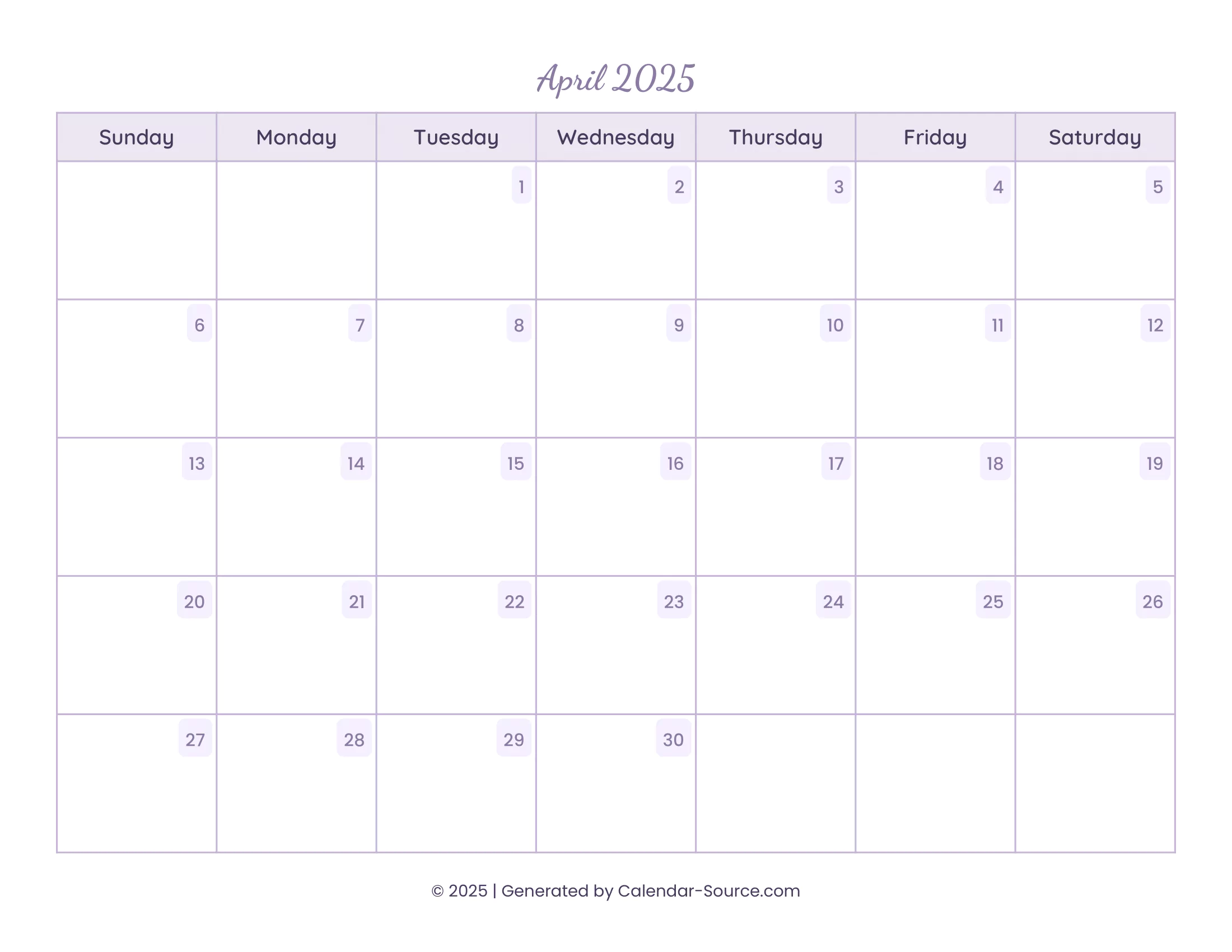 April 2025 Calendar Template 13