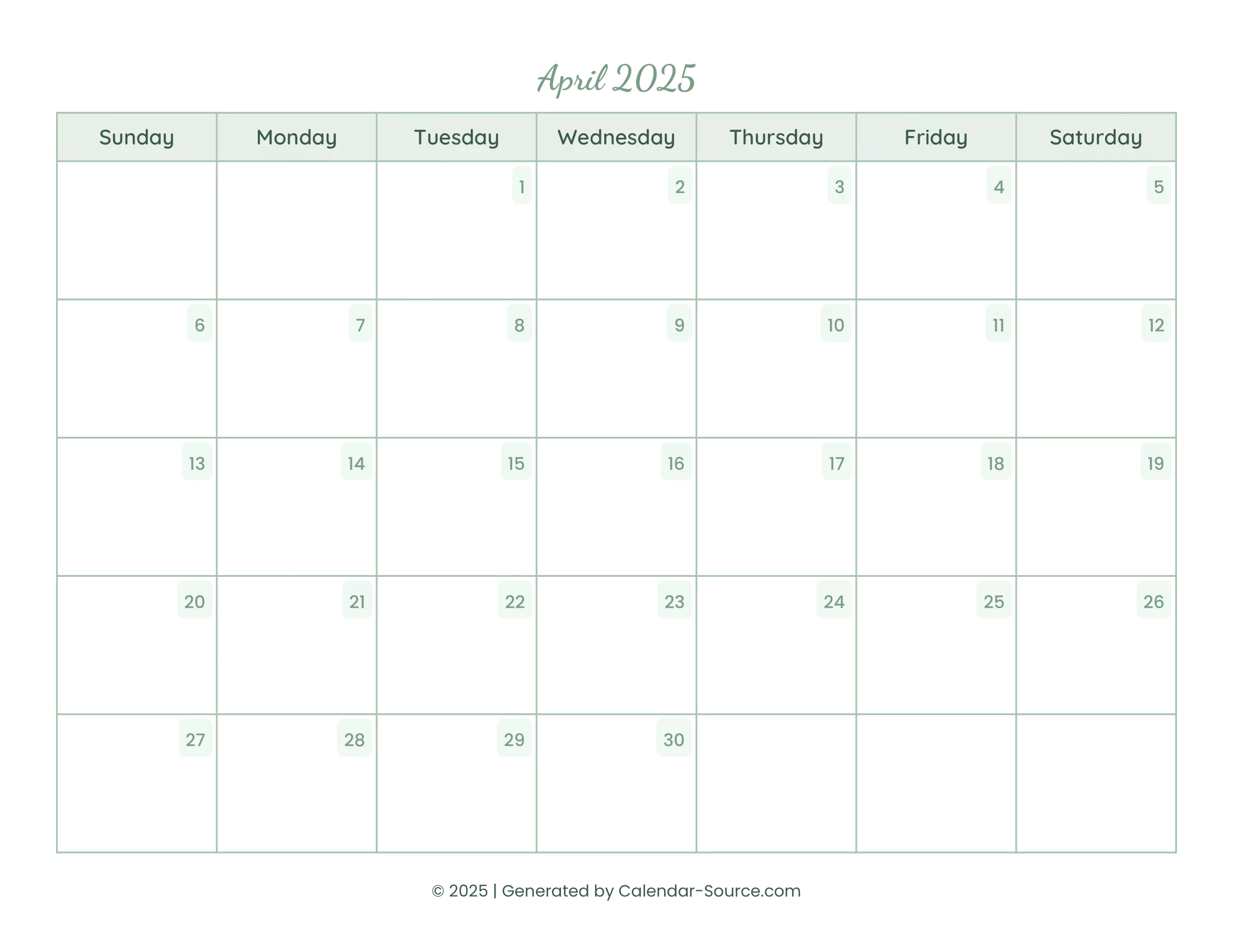 April 2025 Calendar Template 14