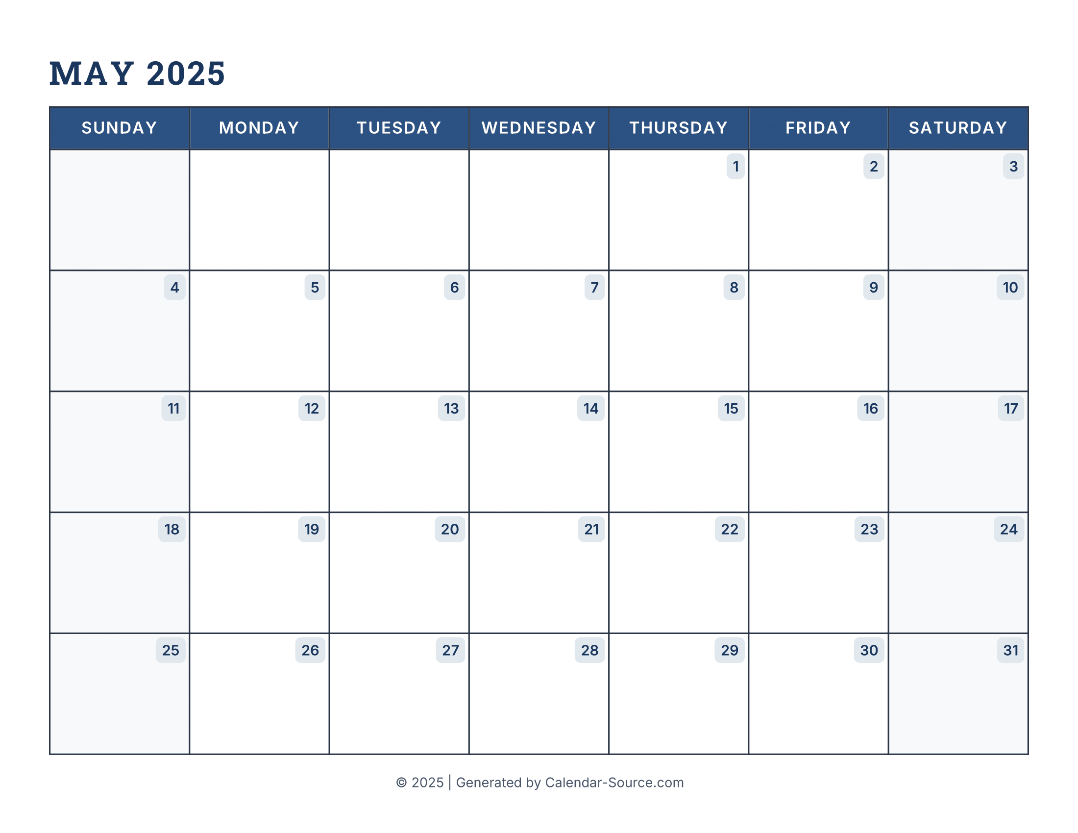 May 2025 Calendar Template 16