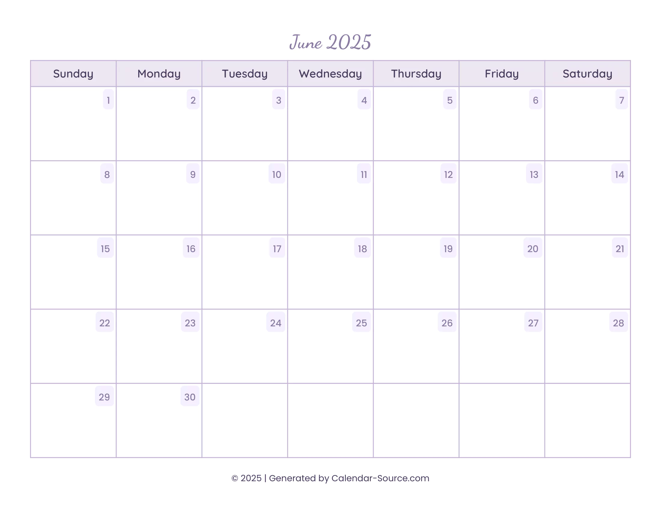 June 2025 Calendar Template 13