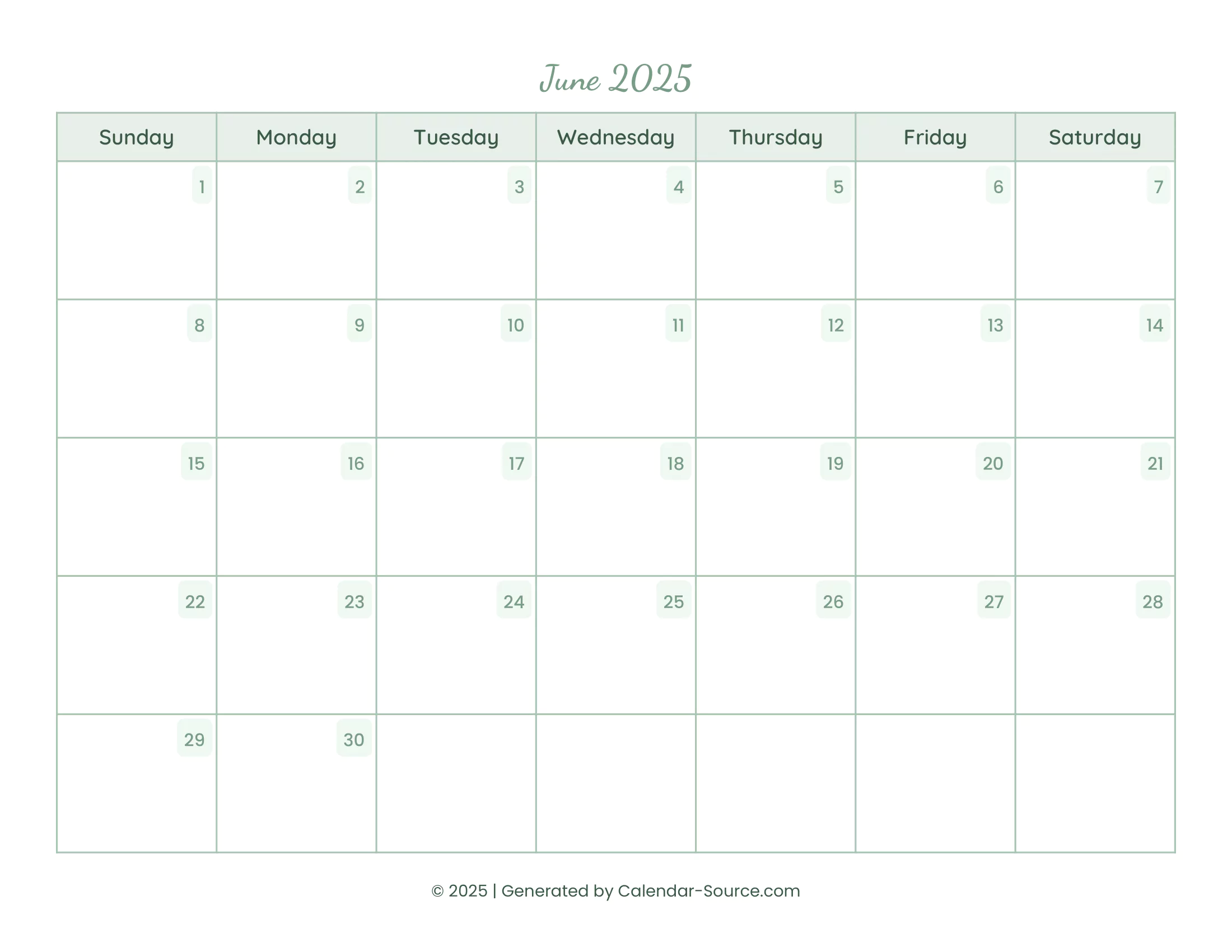 June 2025 Calendar Template 14