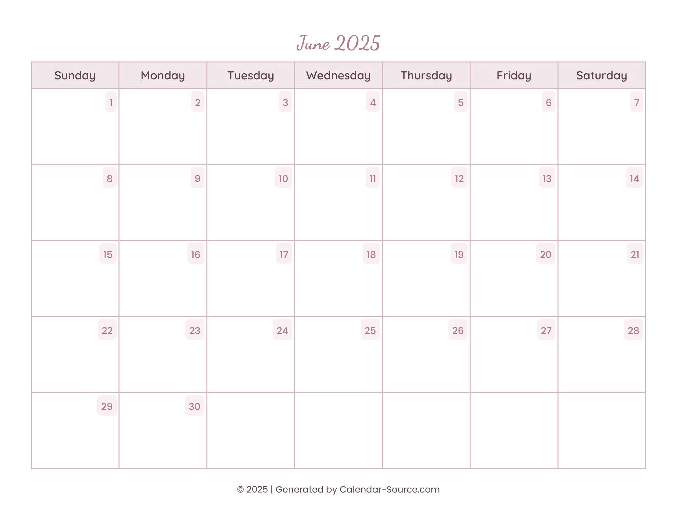 June 2025 Calendar Template 15