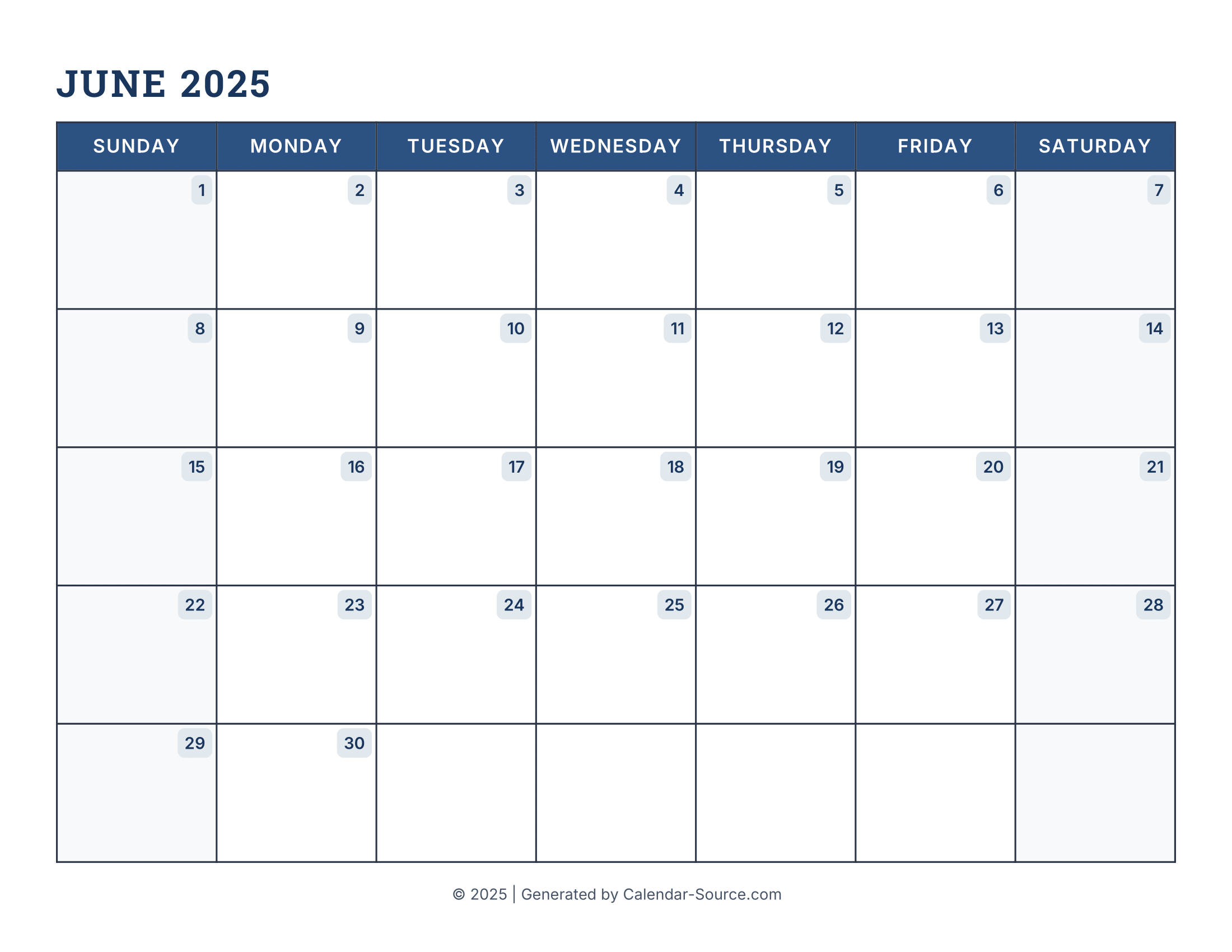 June 2025 Calendar Template 16