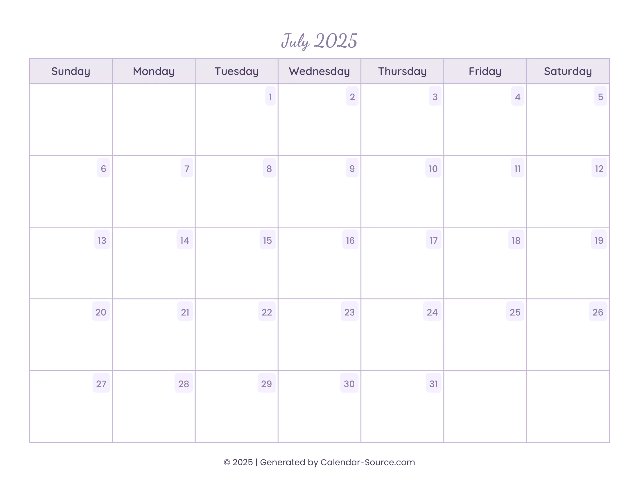 July 2025 Calendar Template 13