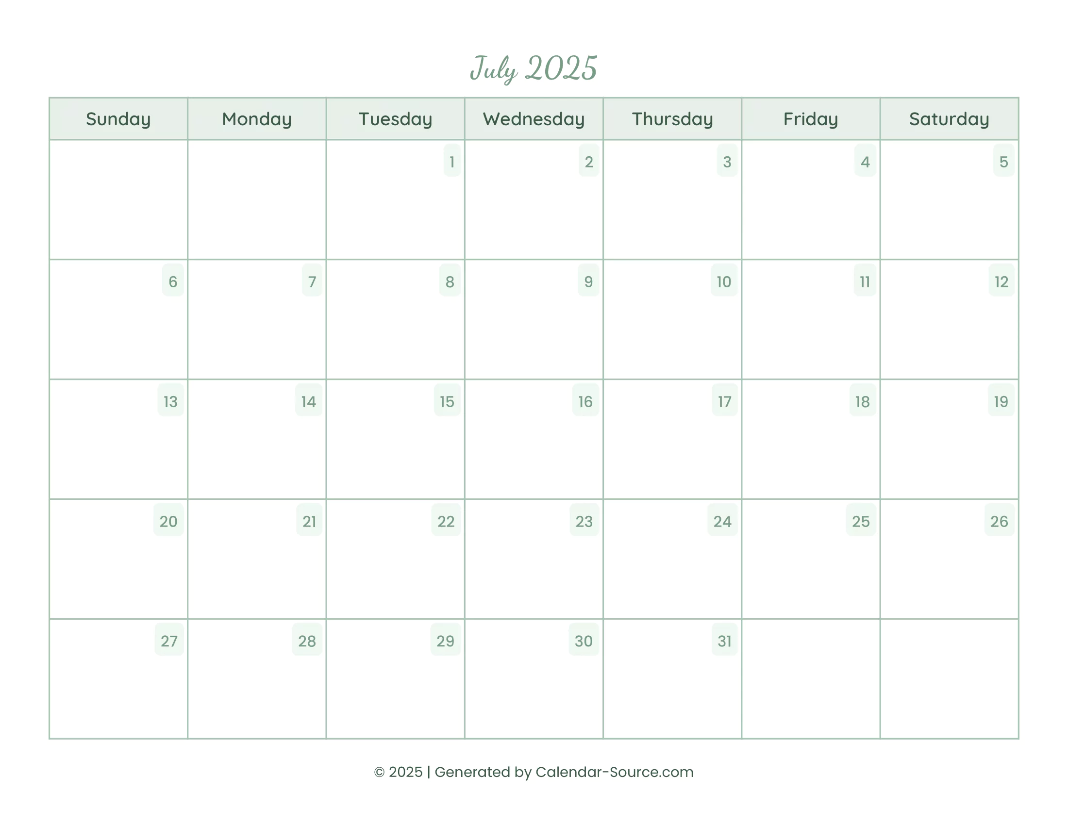 July 2025 Calendar Template 14