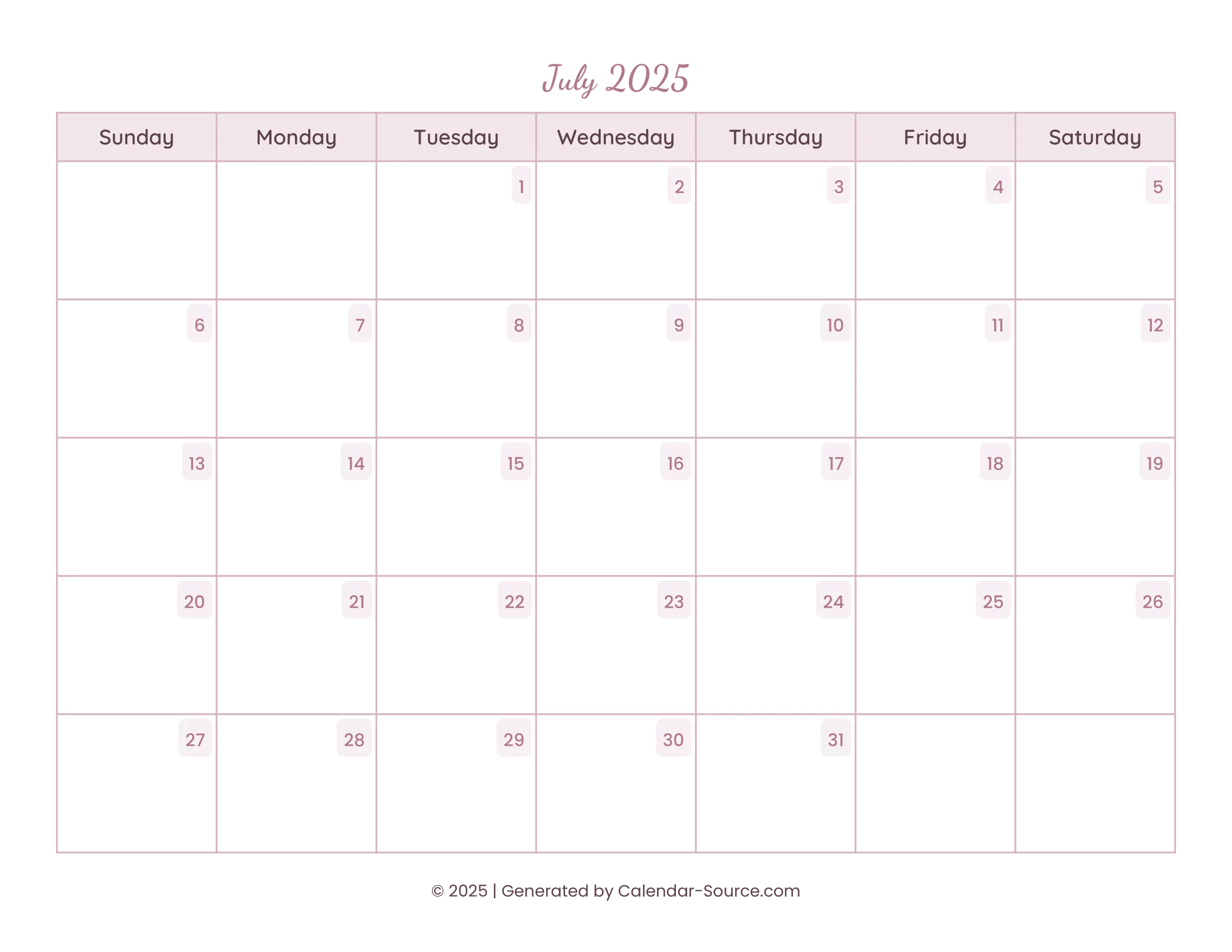 July 2025 Calendar Template 15