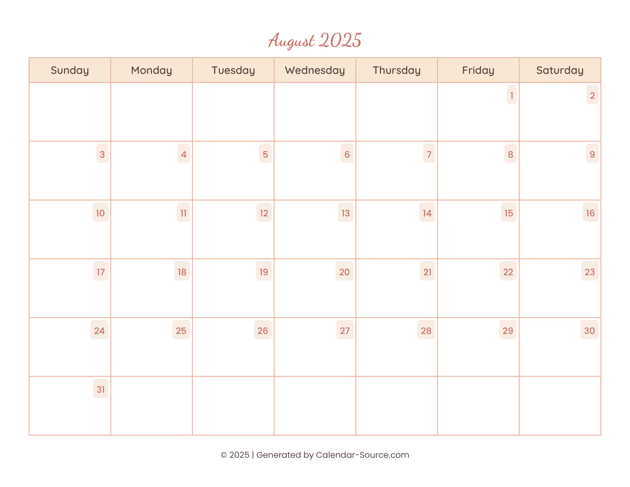 August 2025 Calendar Template 12