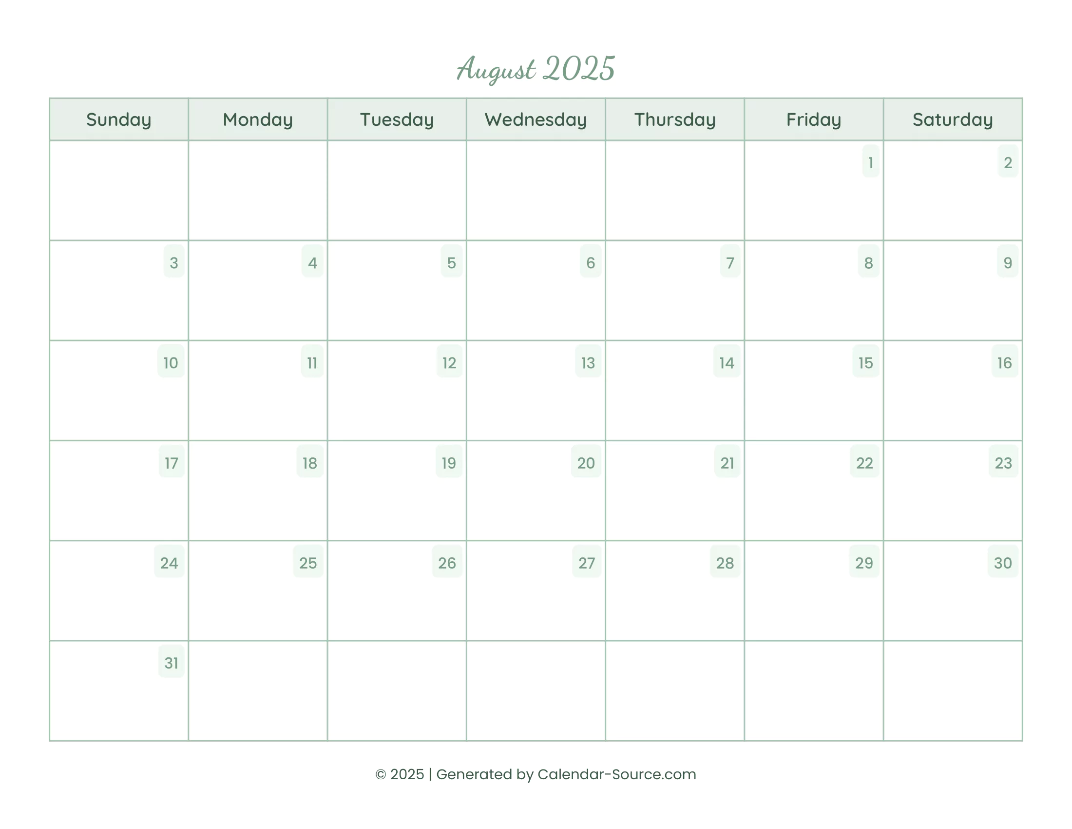 August 2025 Calendar Template 14