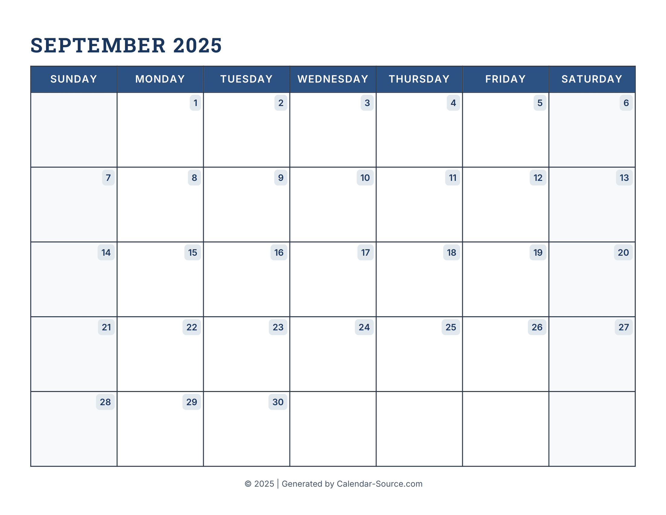 September 2025 Calendar Template 16