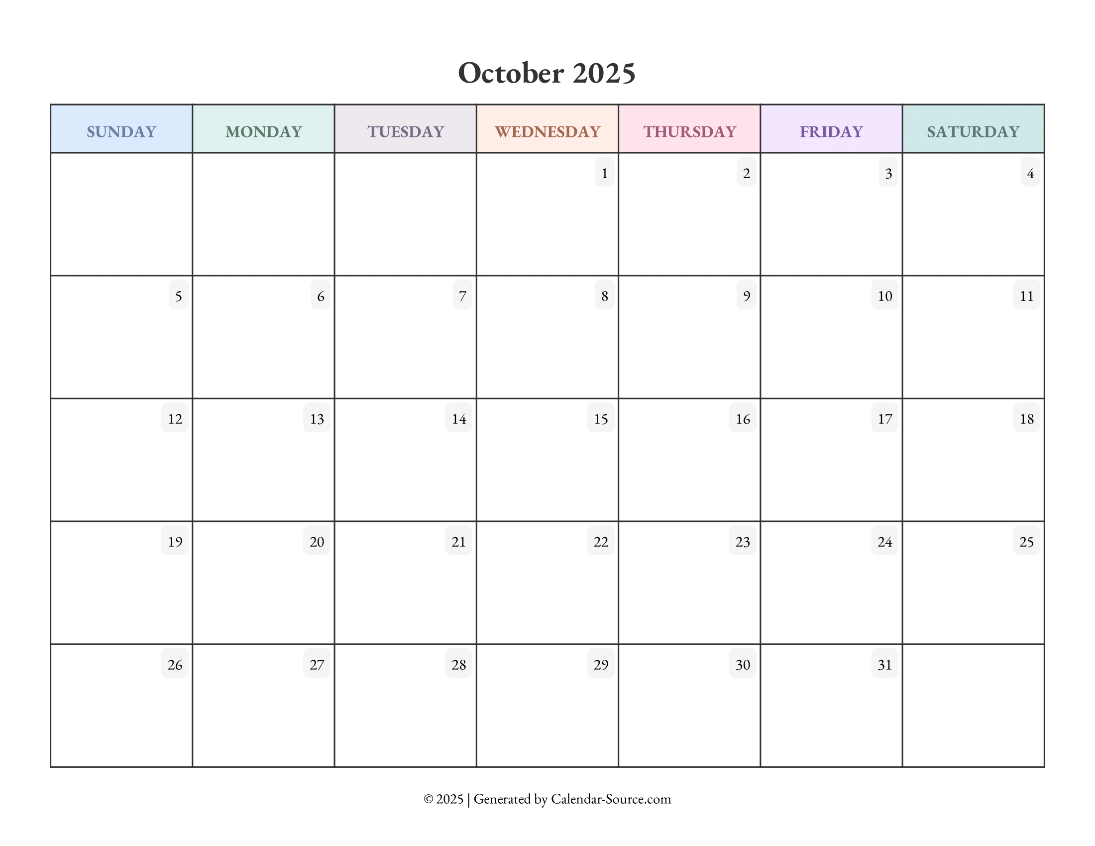 October 2025 Calendar Template 04