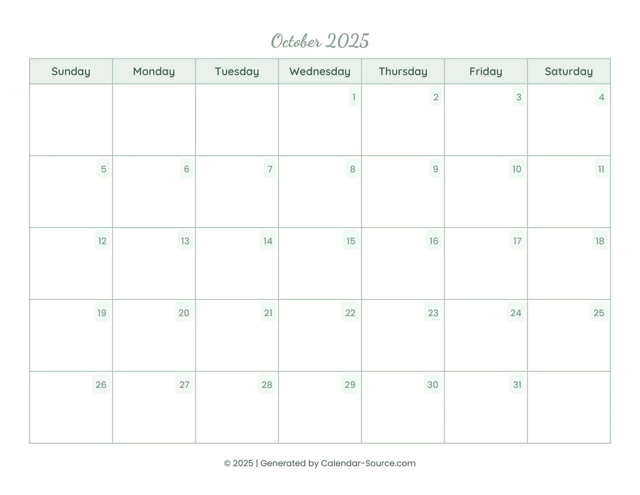 October 2025 Calendar Template 14