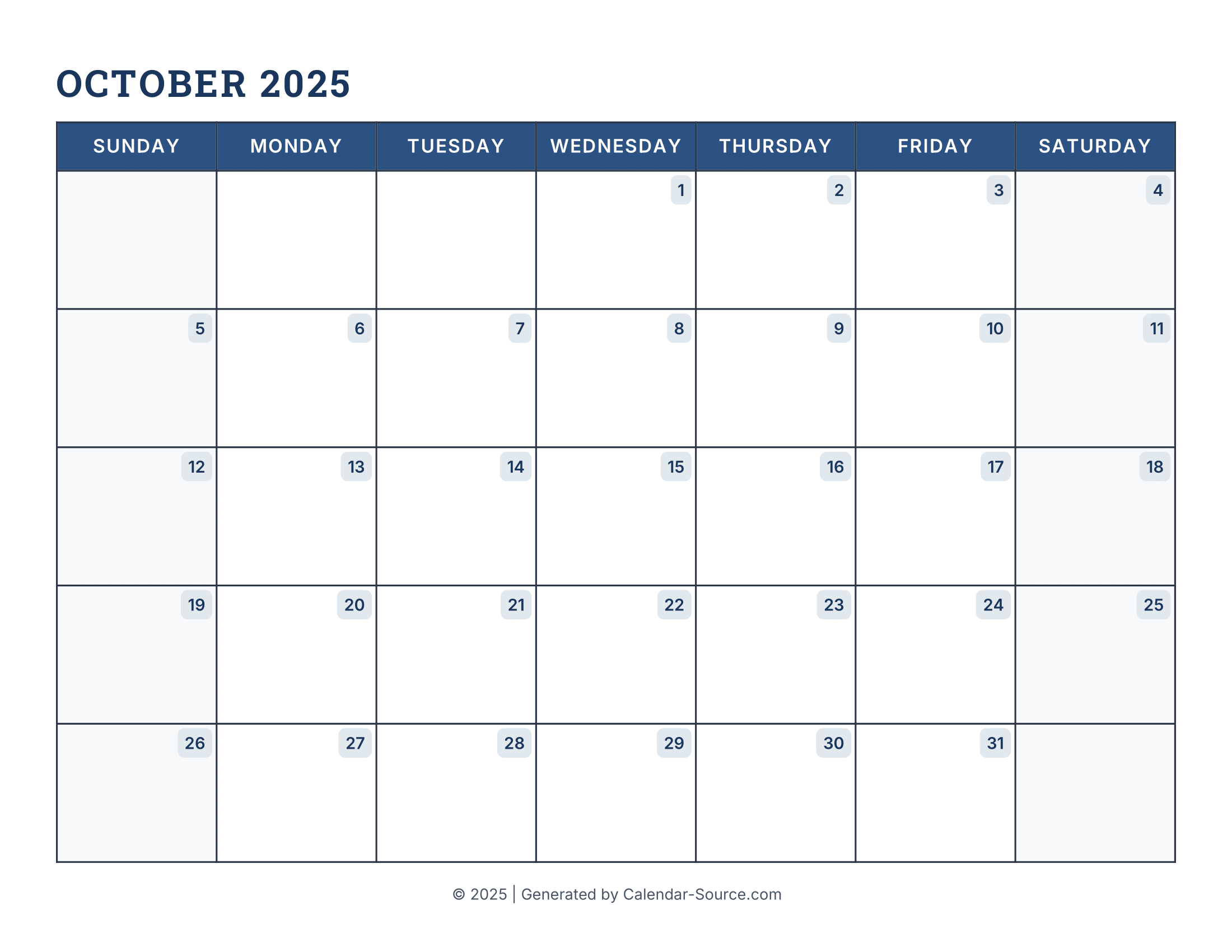 October 2025 Calendar Template 16