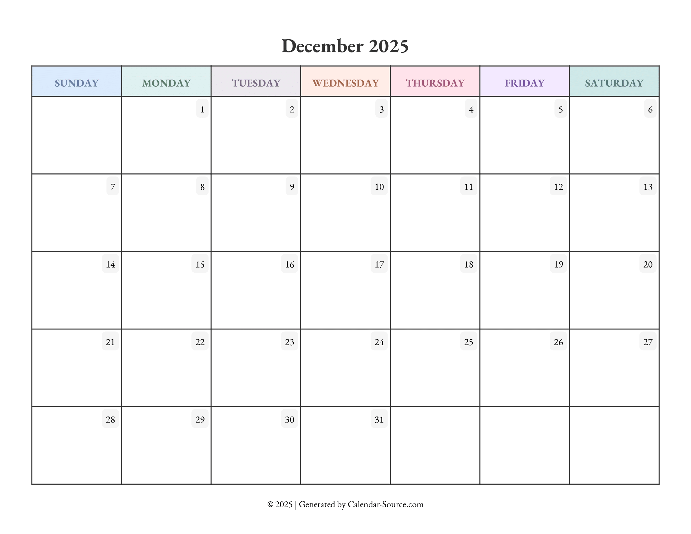 December 2025 Calendar Template 04