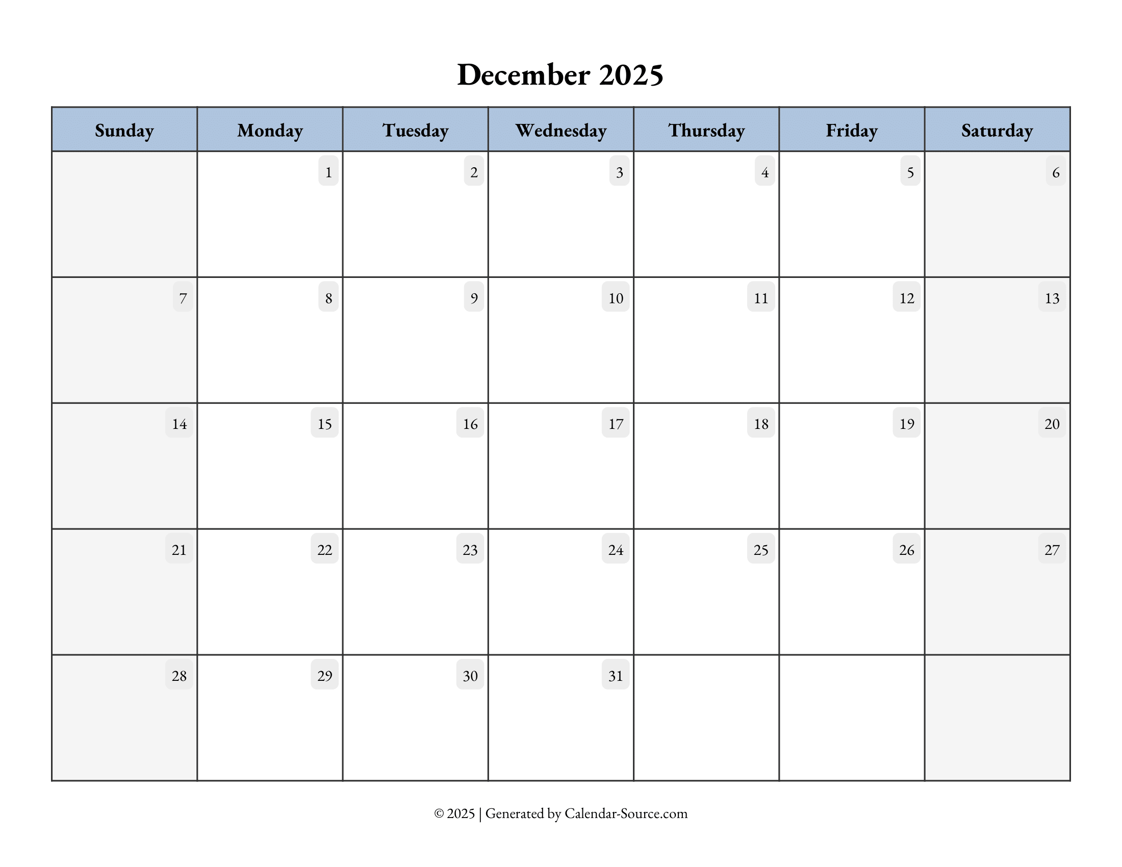 December 2025 Calendar Template 07