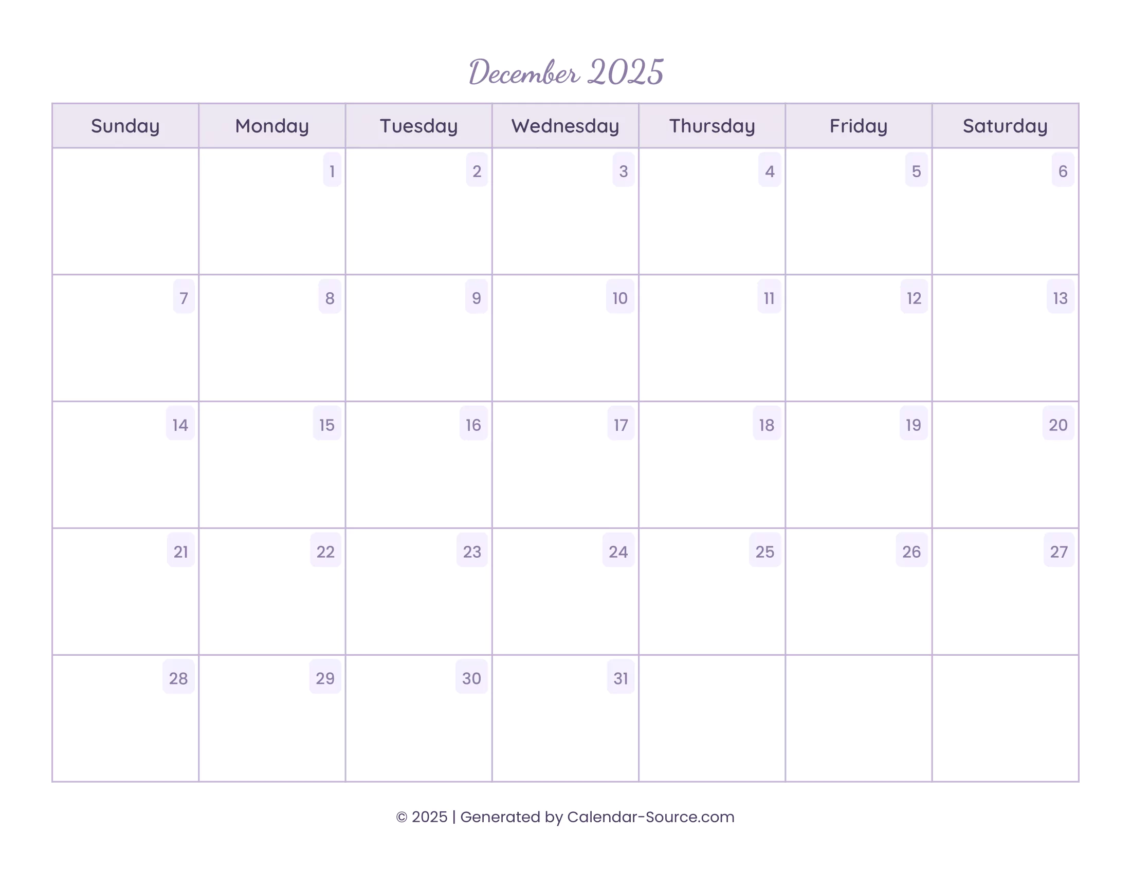 December 2025 Calendar Template 13