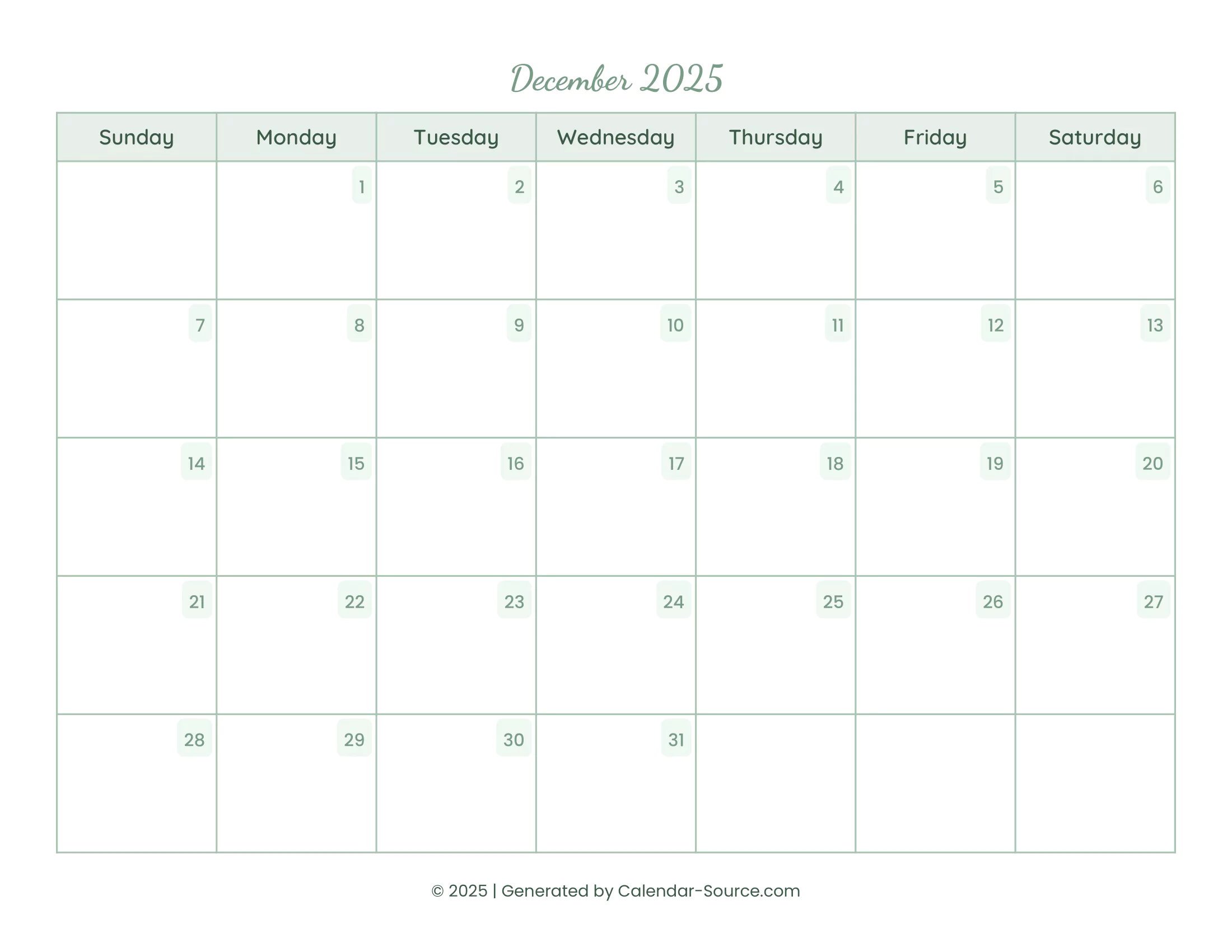 December 2025 Calendar Template 14
