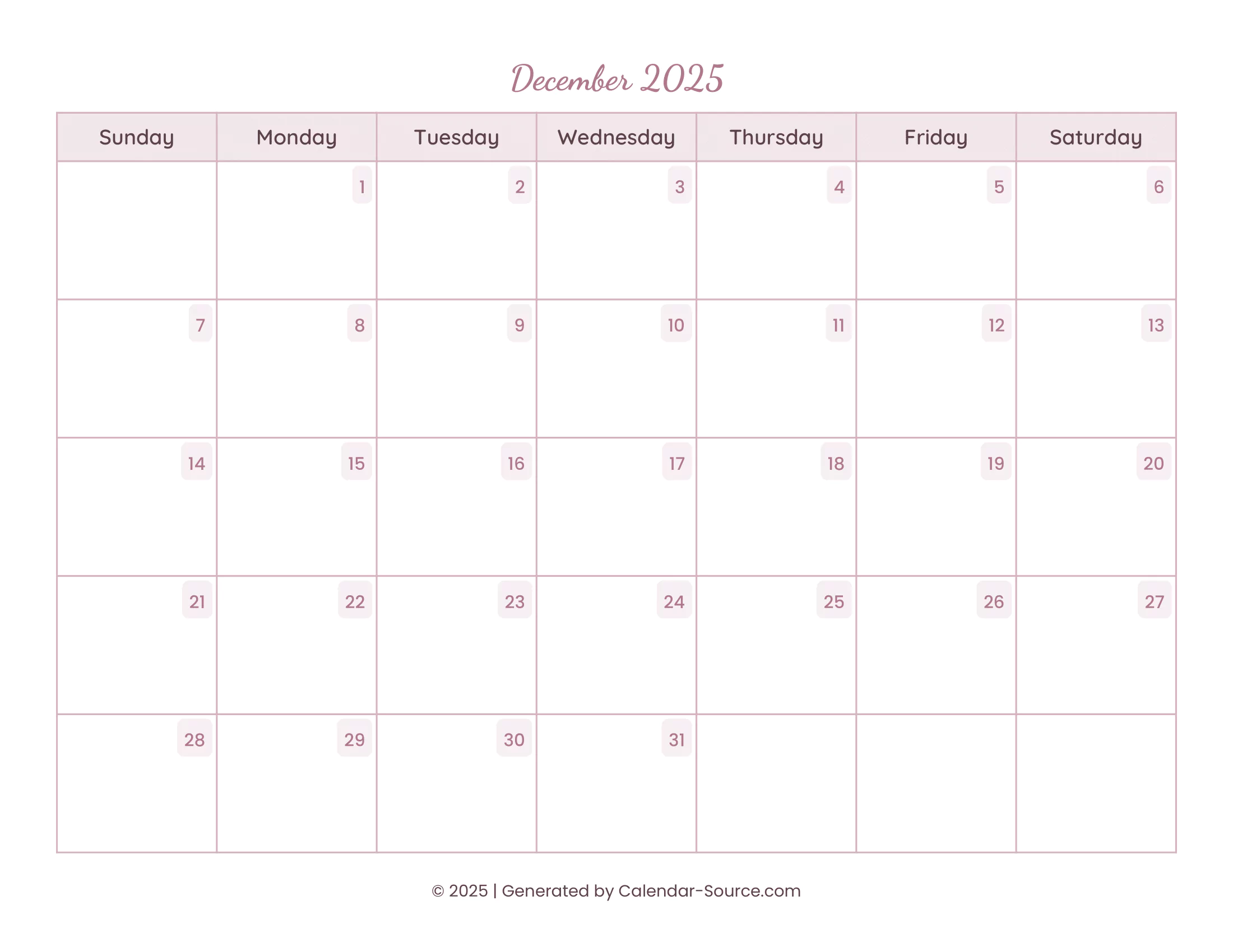 December 2025 Calendar Template 15