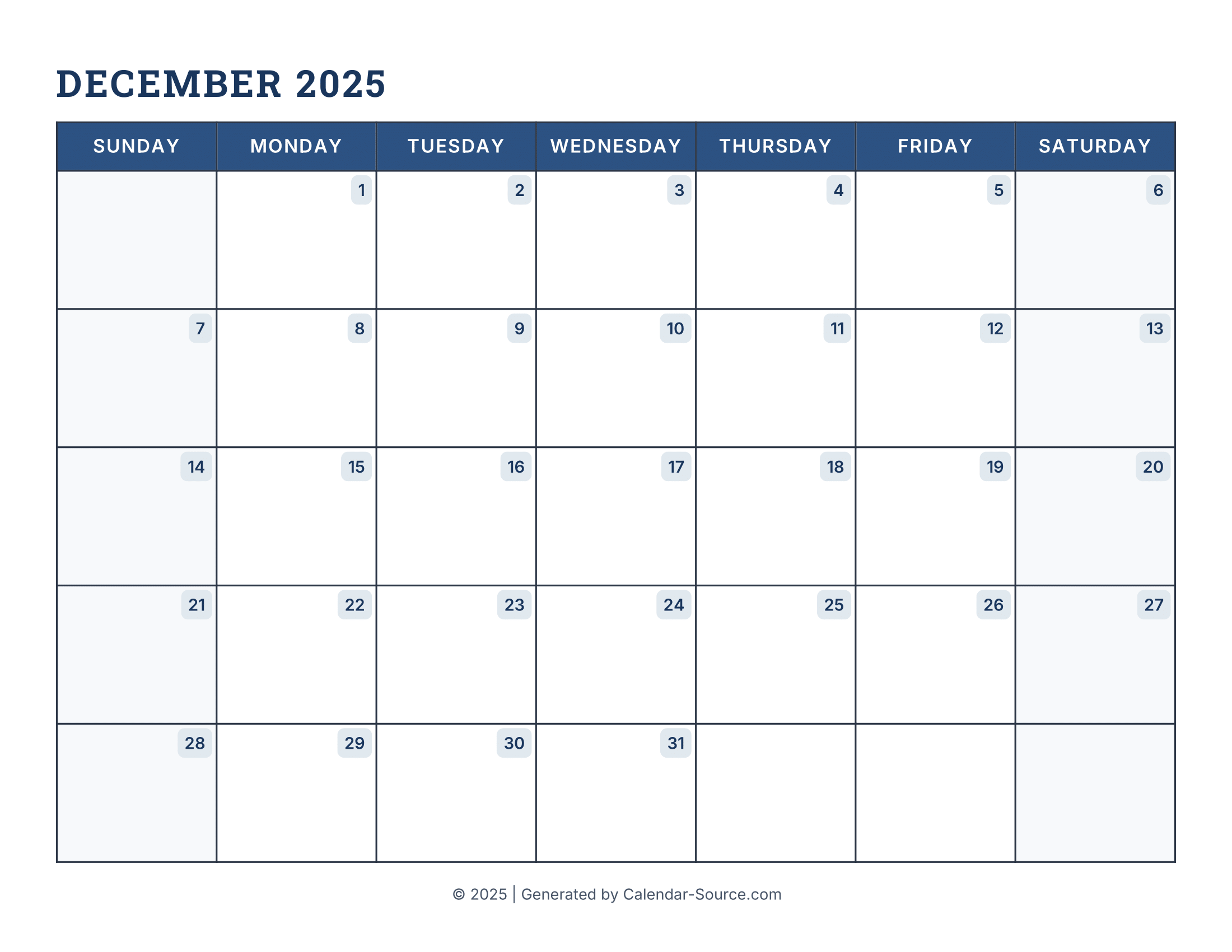 December 2025 Calendar Template 16