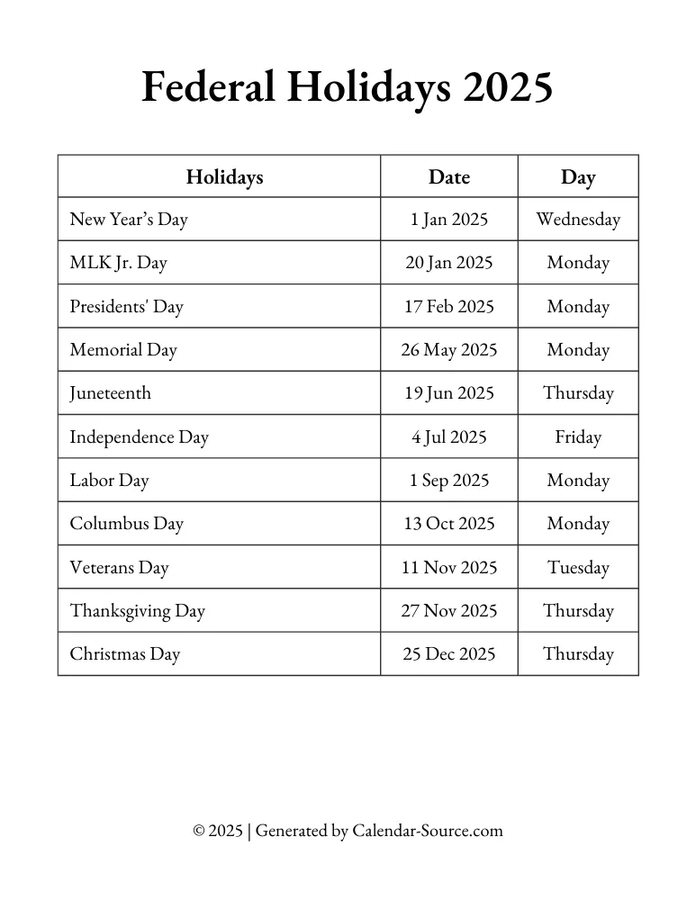 Printable Federal Holidays 2025 Template 01