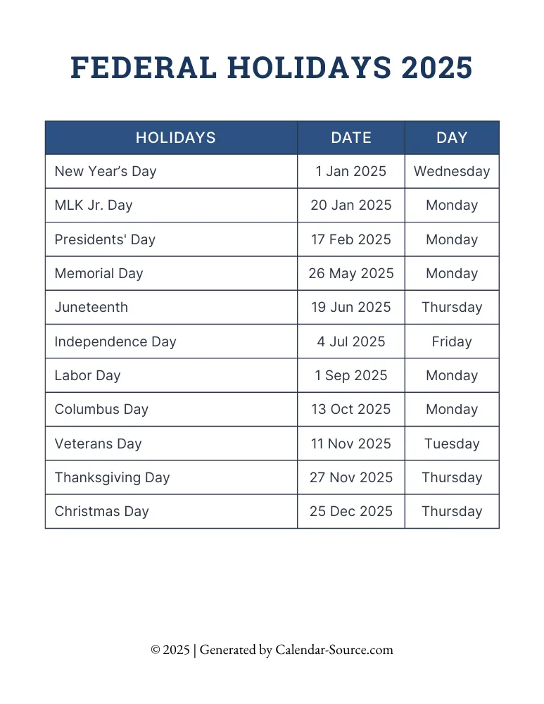 Printable Federal Holidays 2025 Template 02