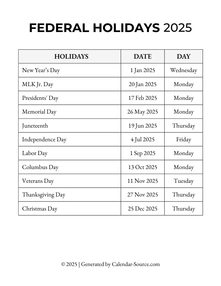 Printable Federal Holidays 2025 Template 03