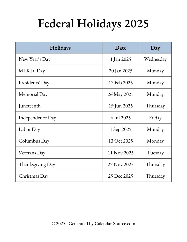 Printable Federal Holidays 2025 Template 04