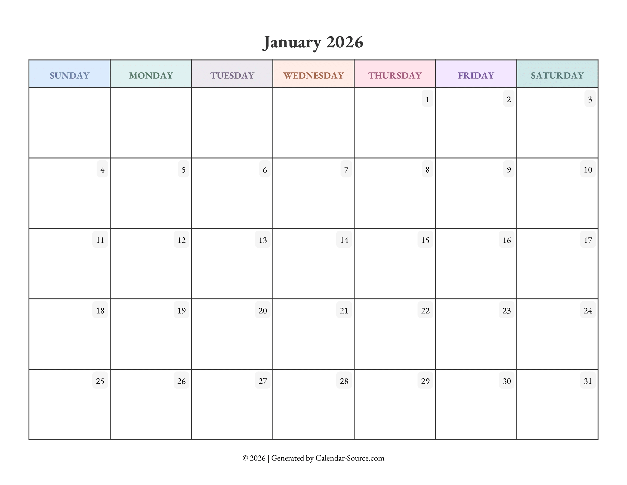 January 2026 Calendar Template 04