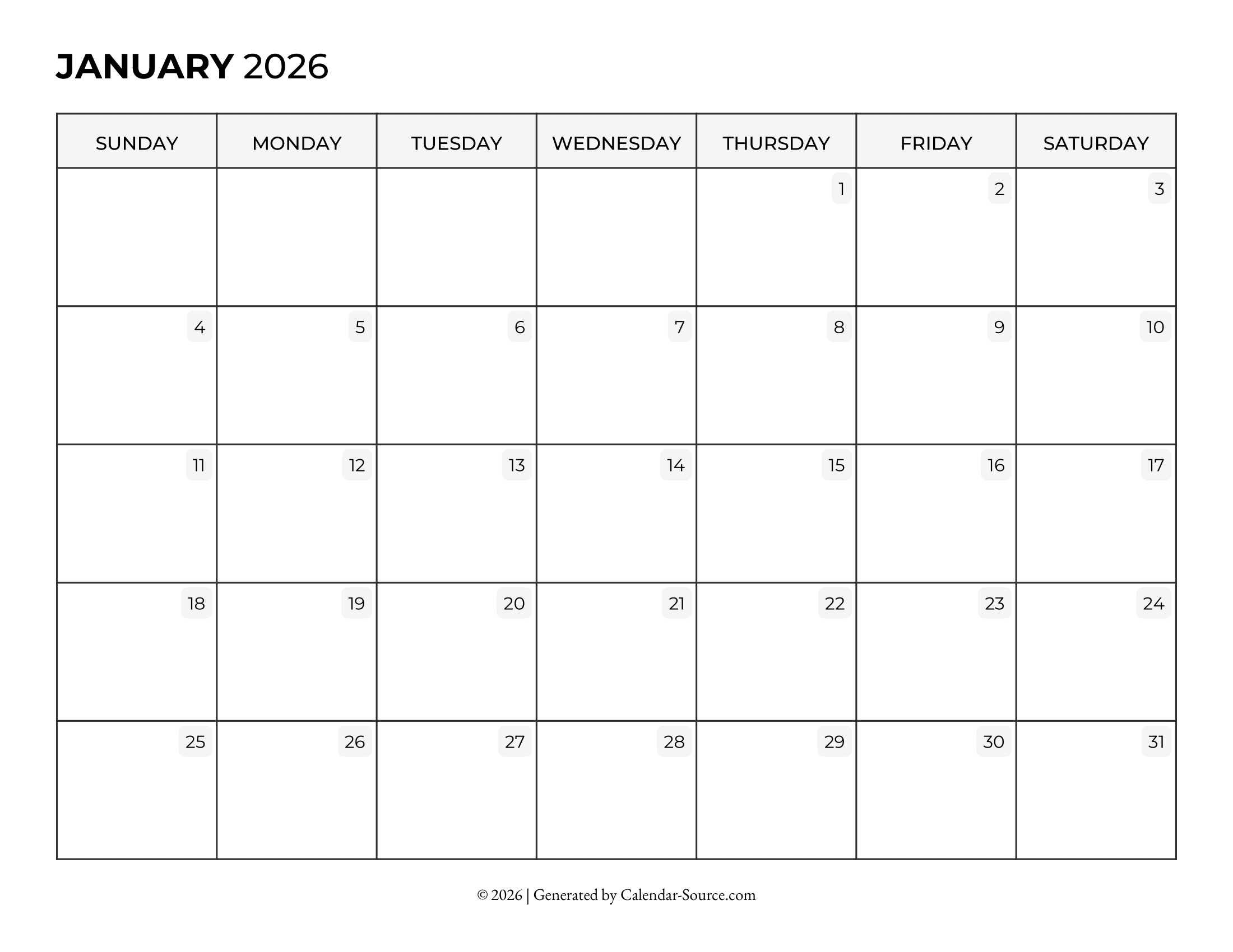 January 2026 Calendar Template 06