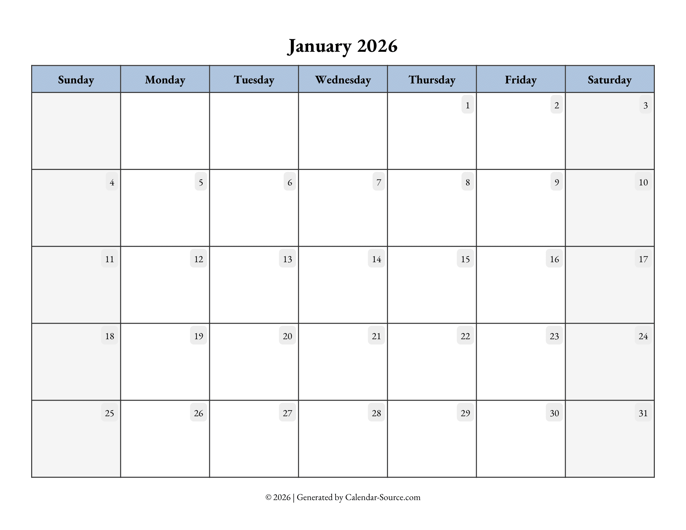 January 2026 Calendar Template 07