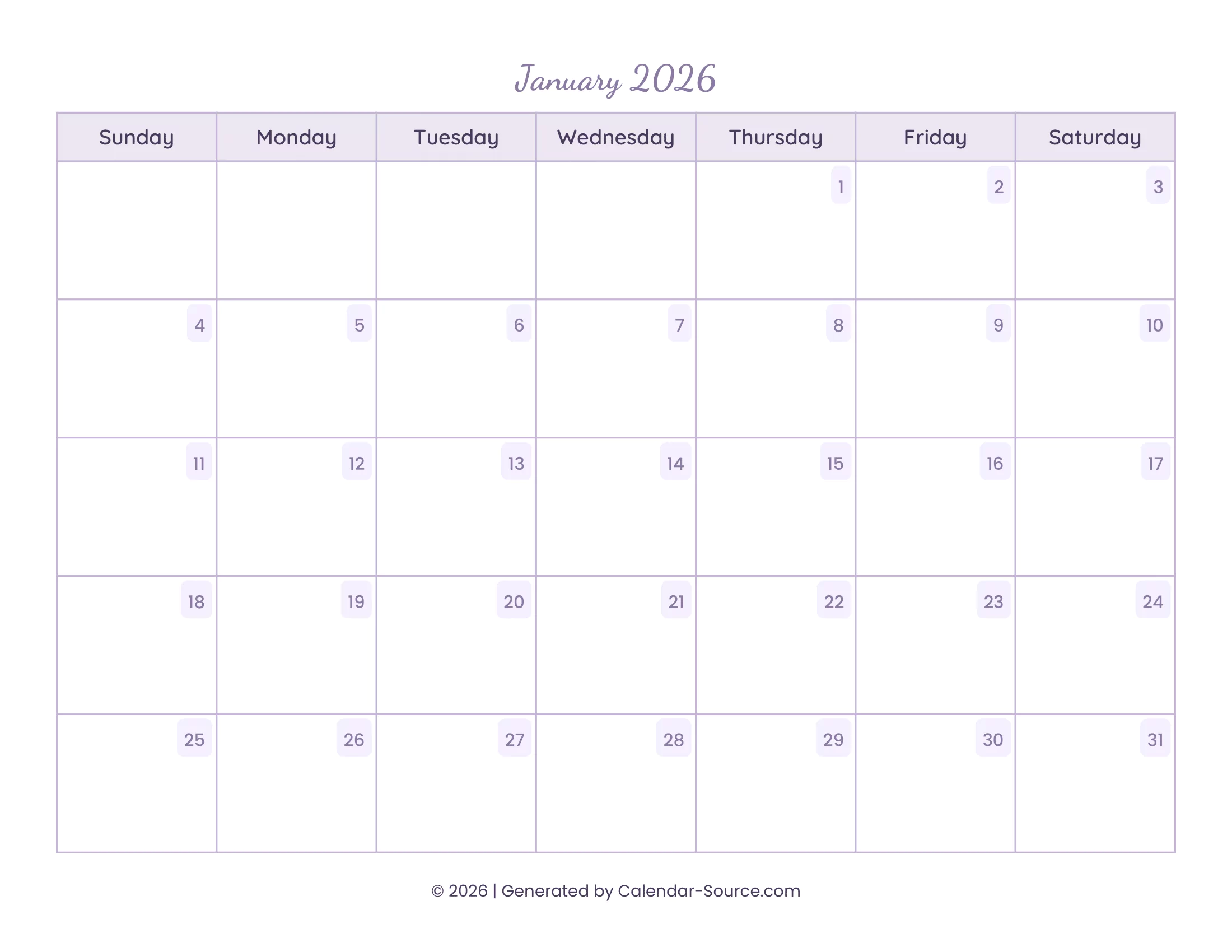 January 2026 Calendar Template 13