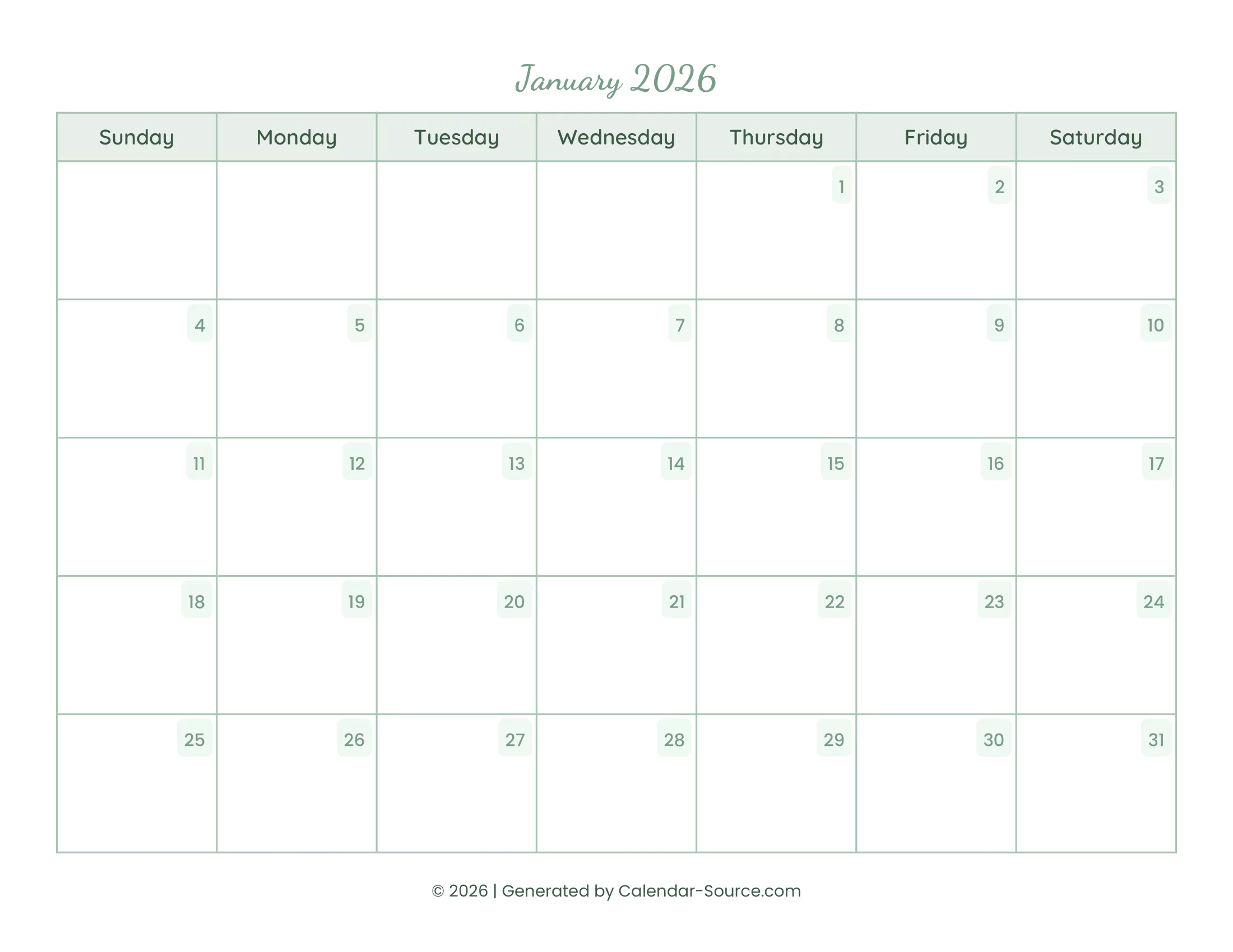 January 2026 Calendar Template 14