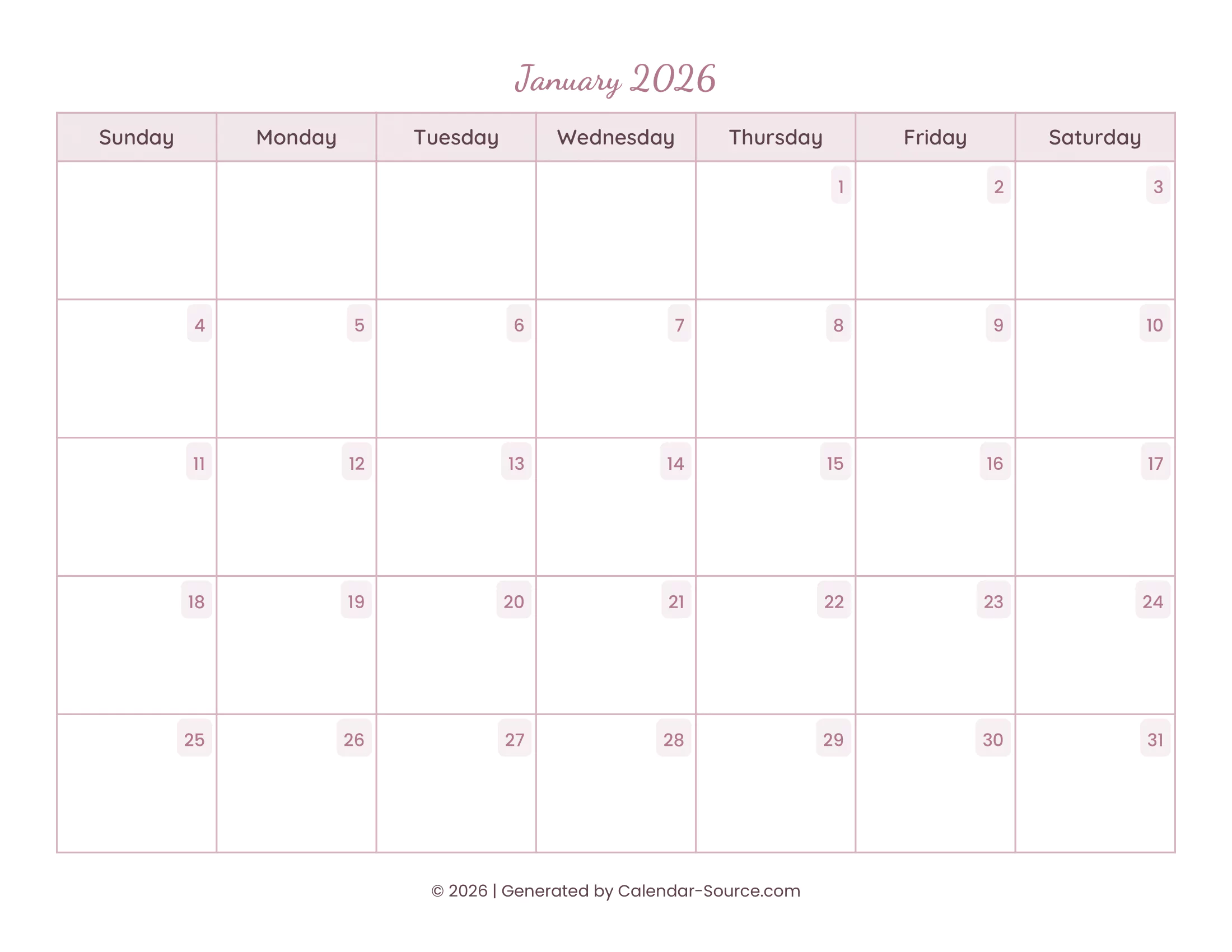 January 2026 Calendar Template 15