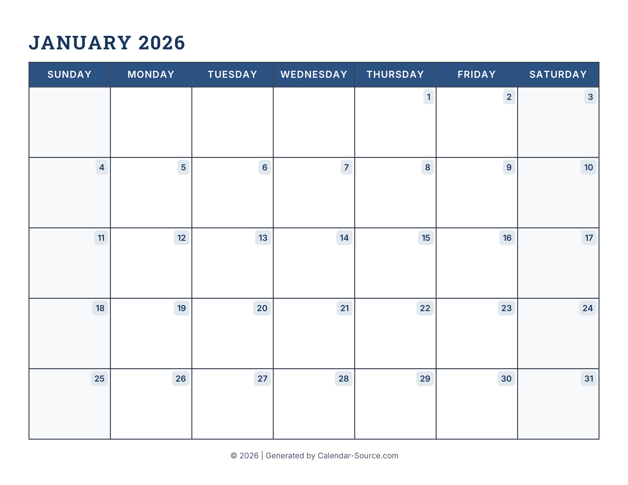 January 2026 Calendar Template 16