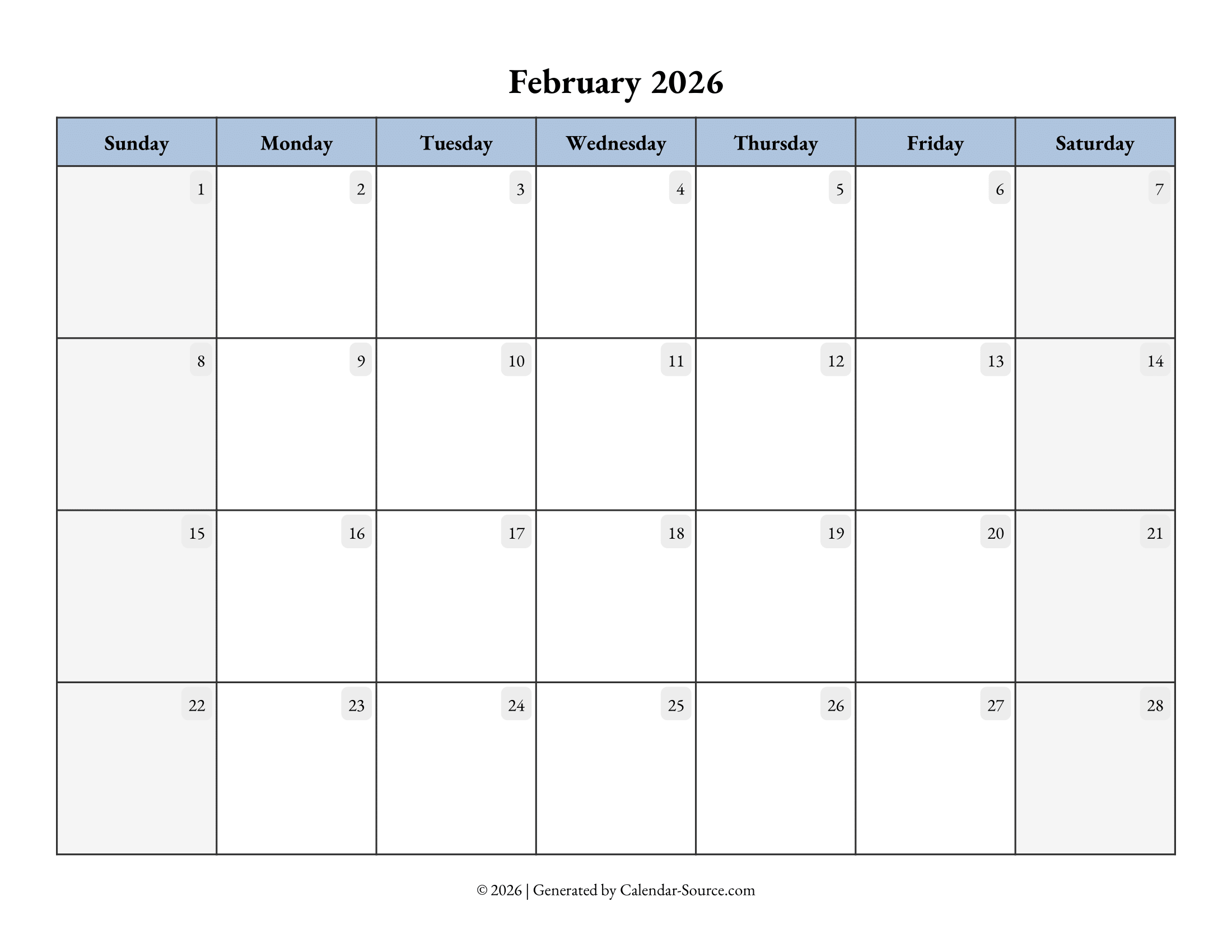 February 2026 Calendar Template 07