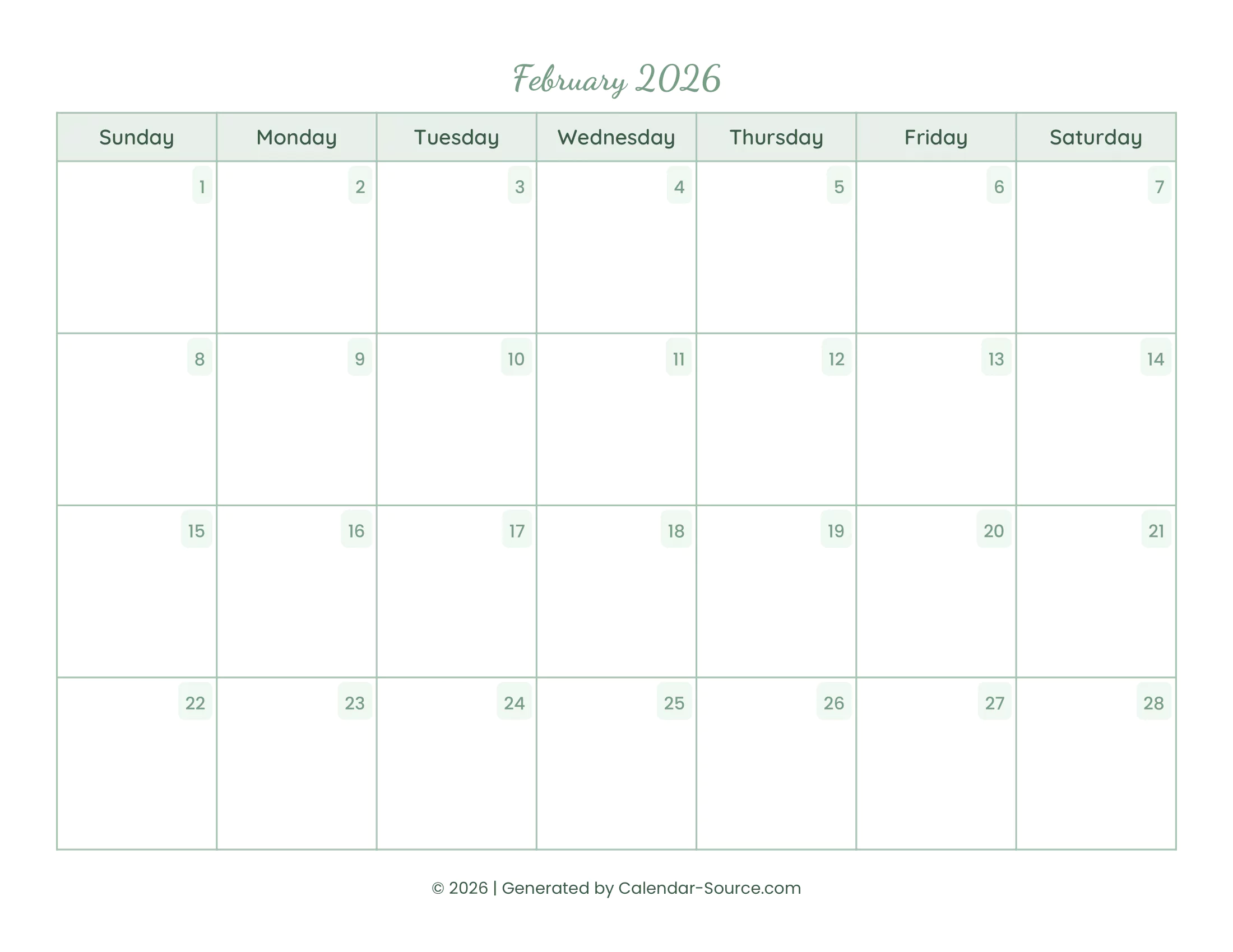 February 2026 Calendar Template 14