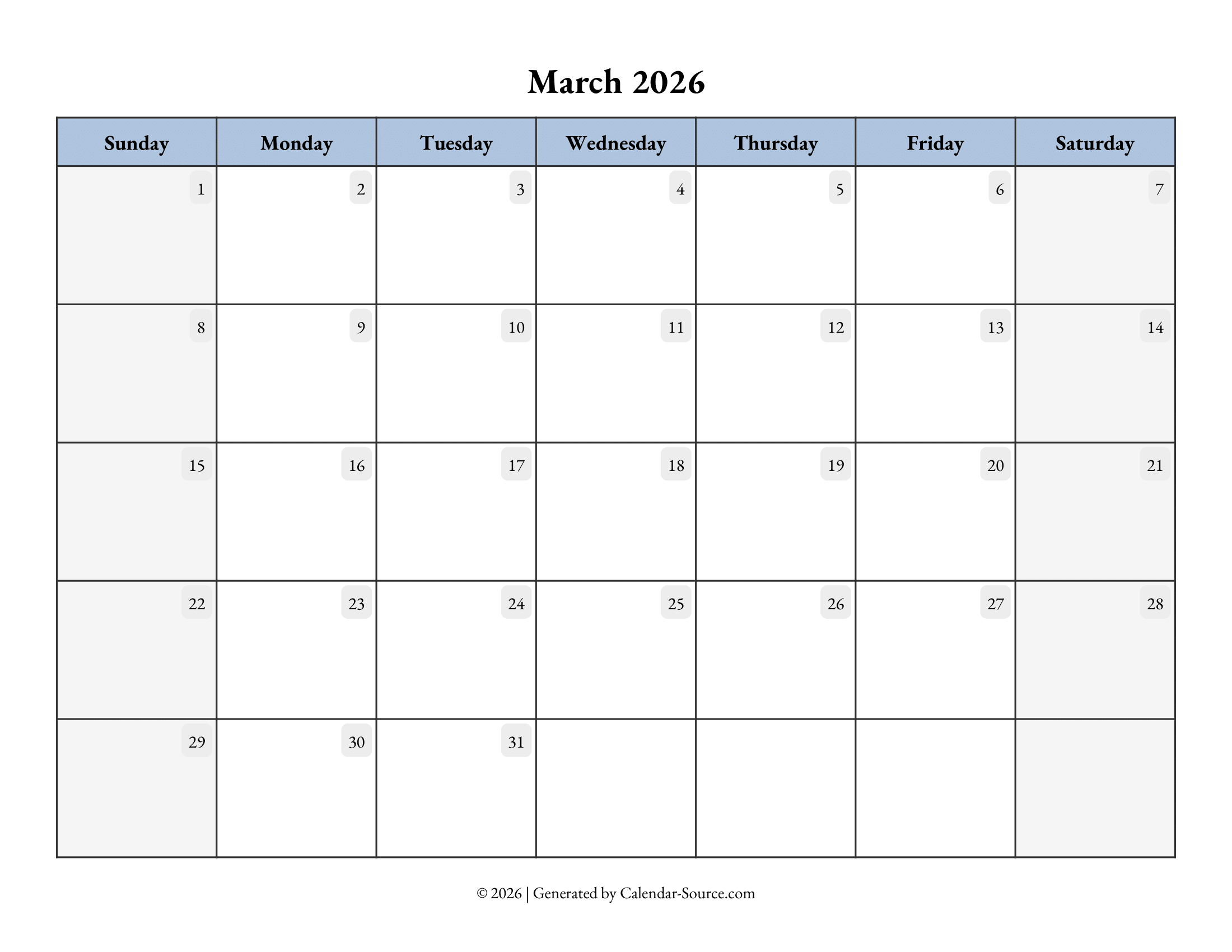 March 2026 Calendar Template 07
