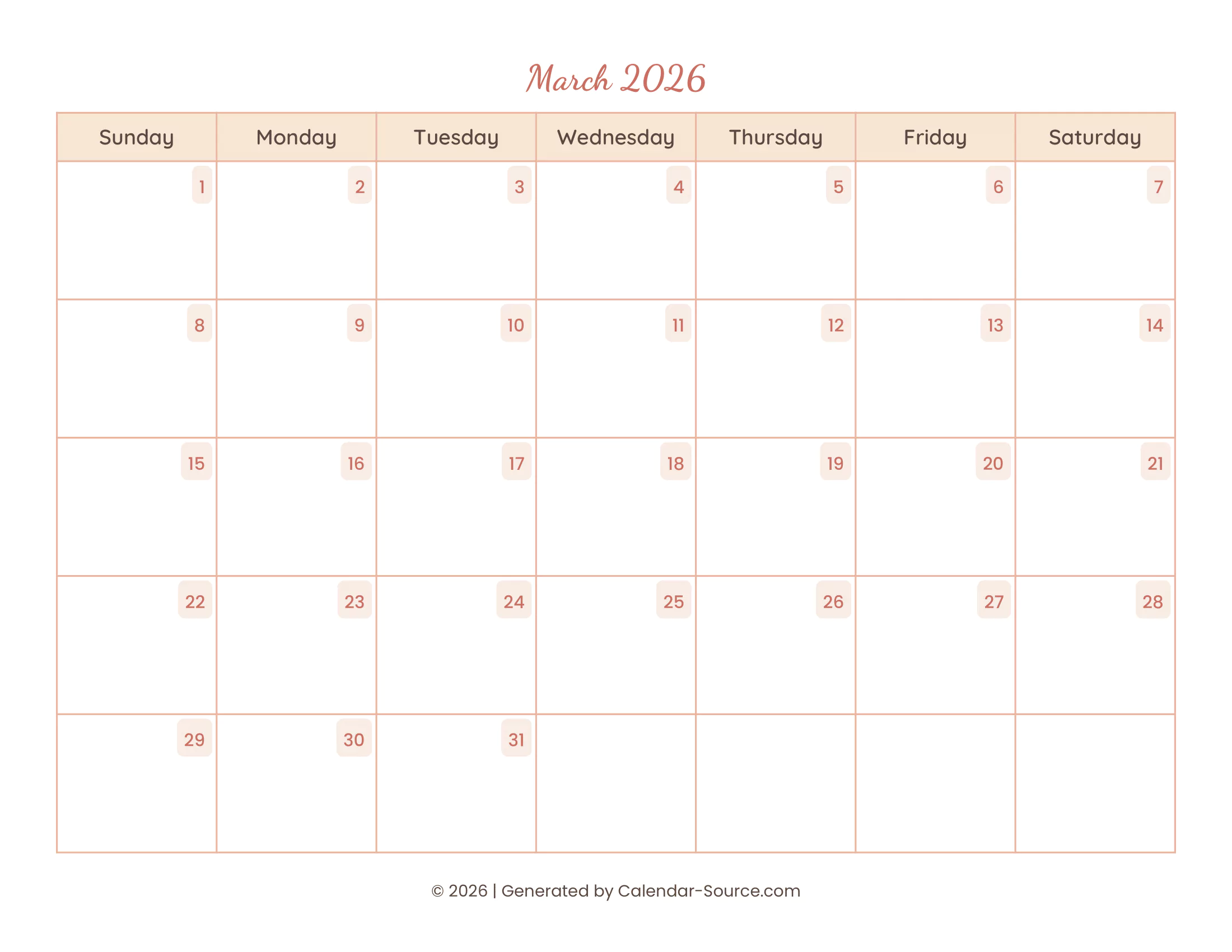 March 2026 Calendar Template 12