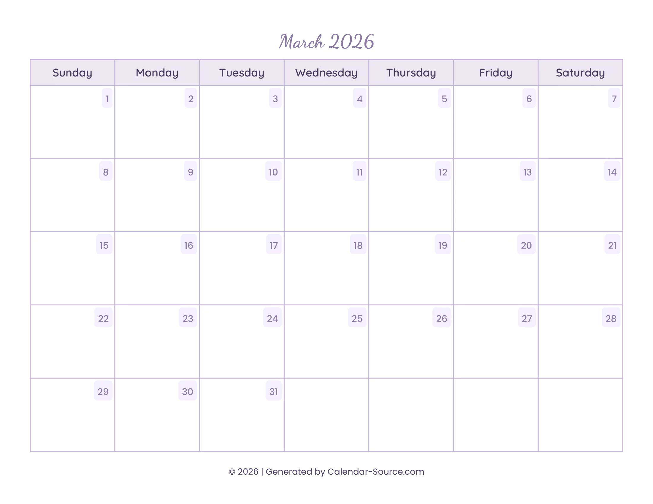 March 2026 Calendar Template 13