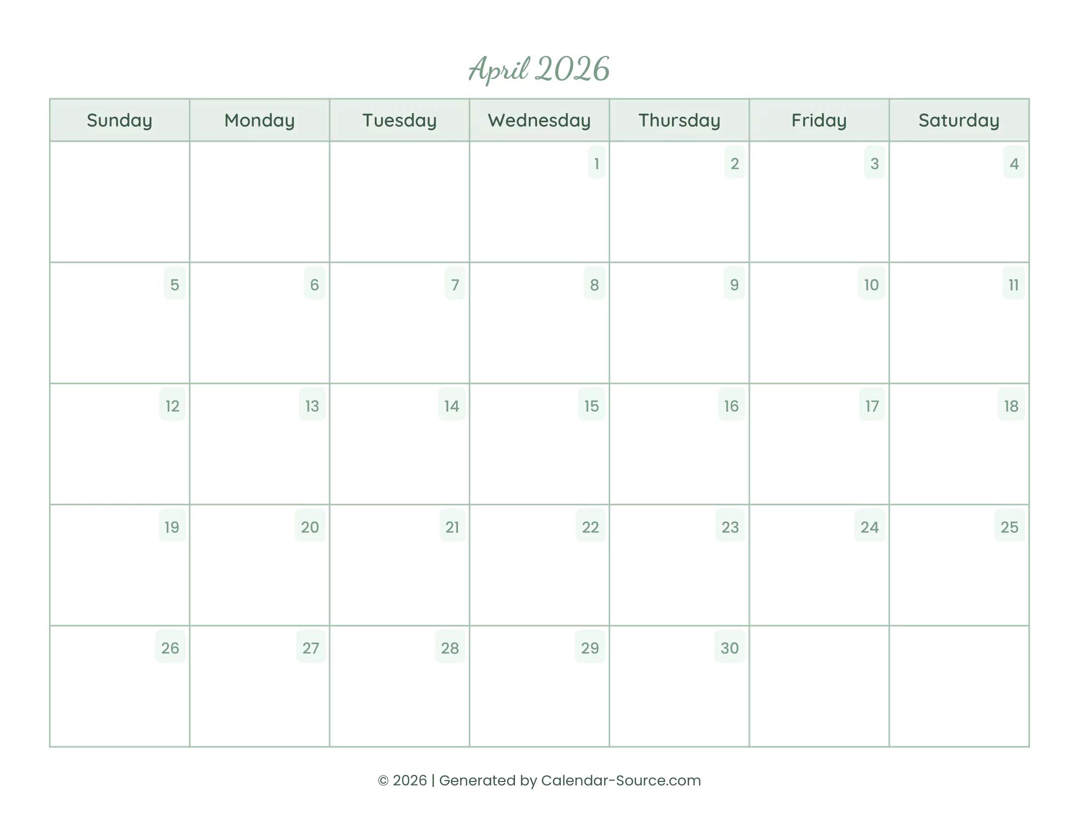 April 2026 Calendar Template 14