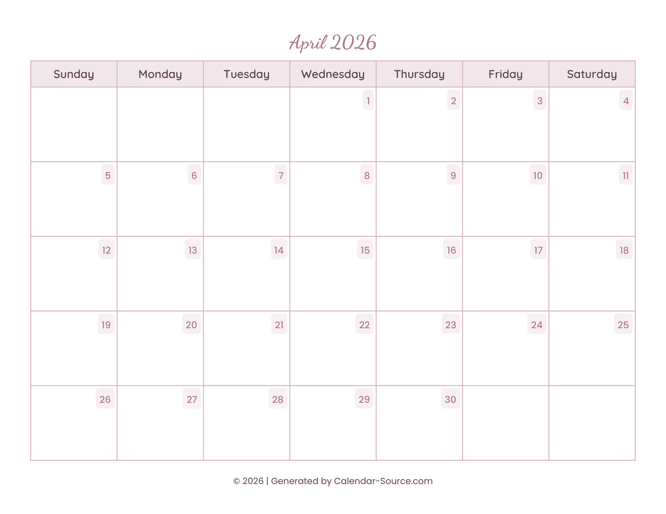 April 2026 Calendar Template 15